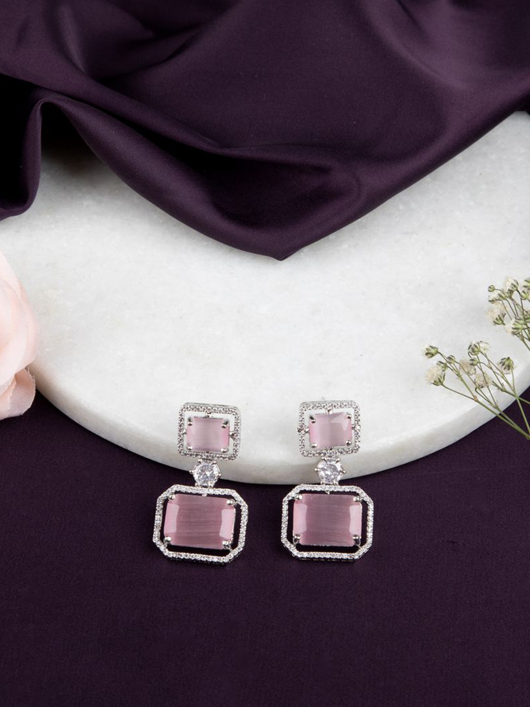 LA FILLE D'OR Silver-Plated Cubic Zirconia Studded Square Shaped Drop Earrings