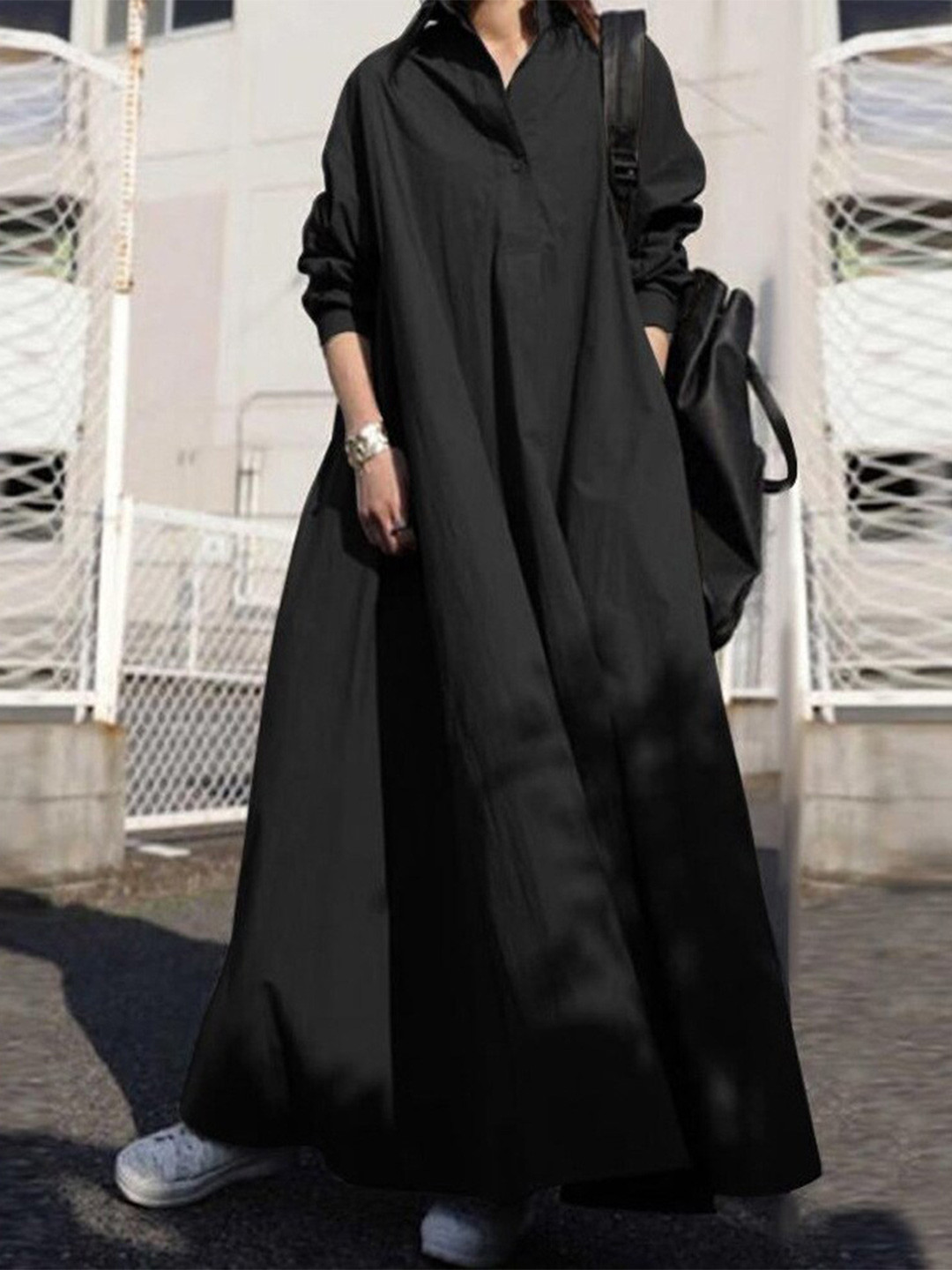 StyleCast Black Shirt Collar Cuffed Sleeves Shirt Maxi Dress