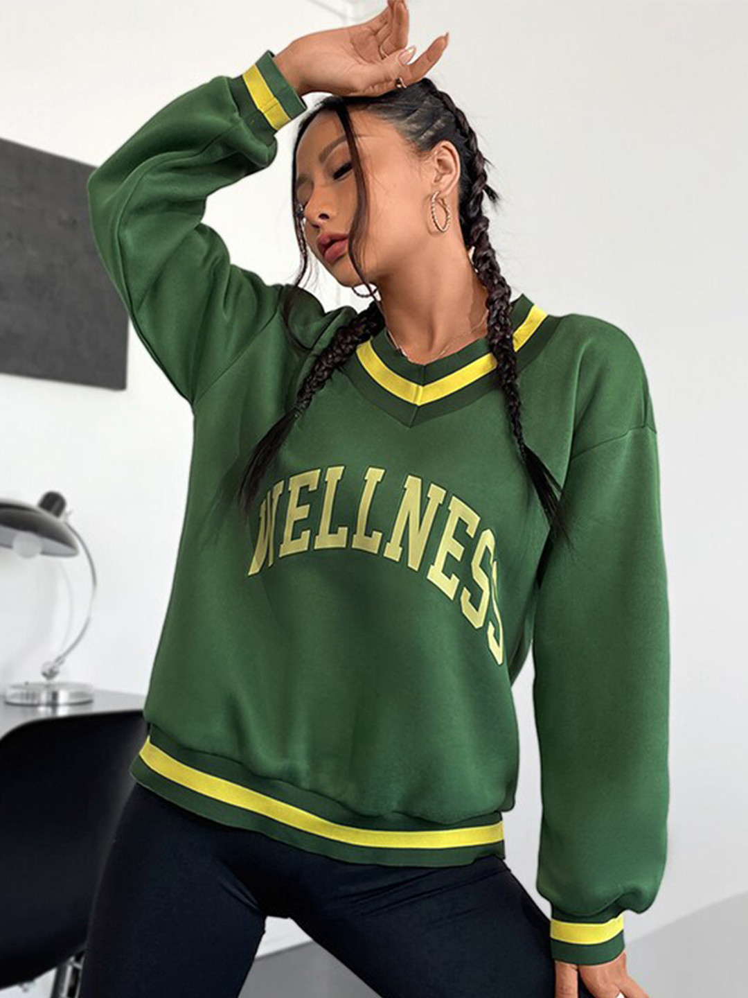 StyleCast Green Typography Printed V-Neck Long Sleeves Pullover Sweater