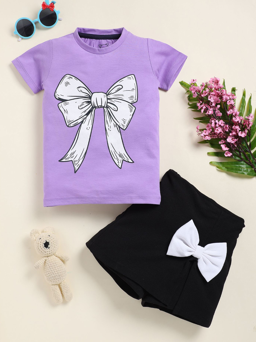 YK Girls Printed Round Neck T-shirt with Skirts
