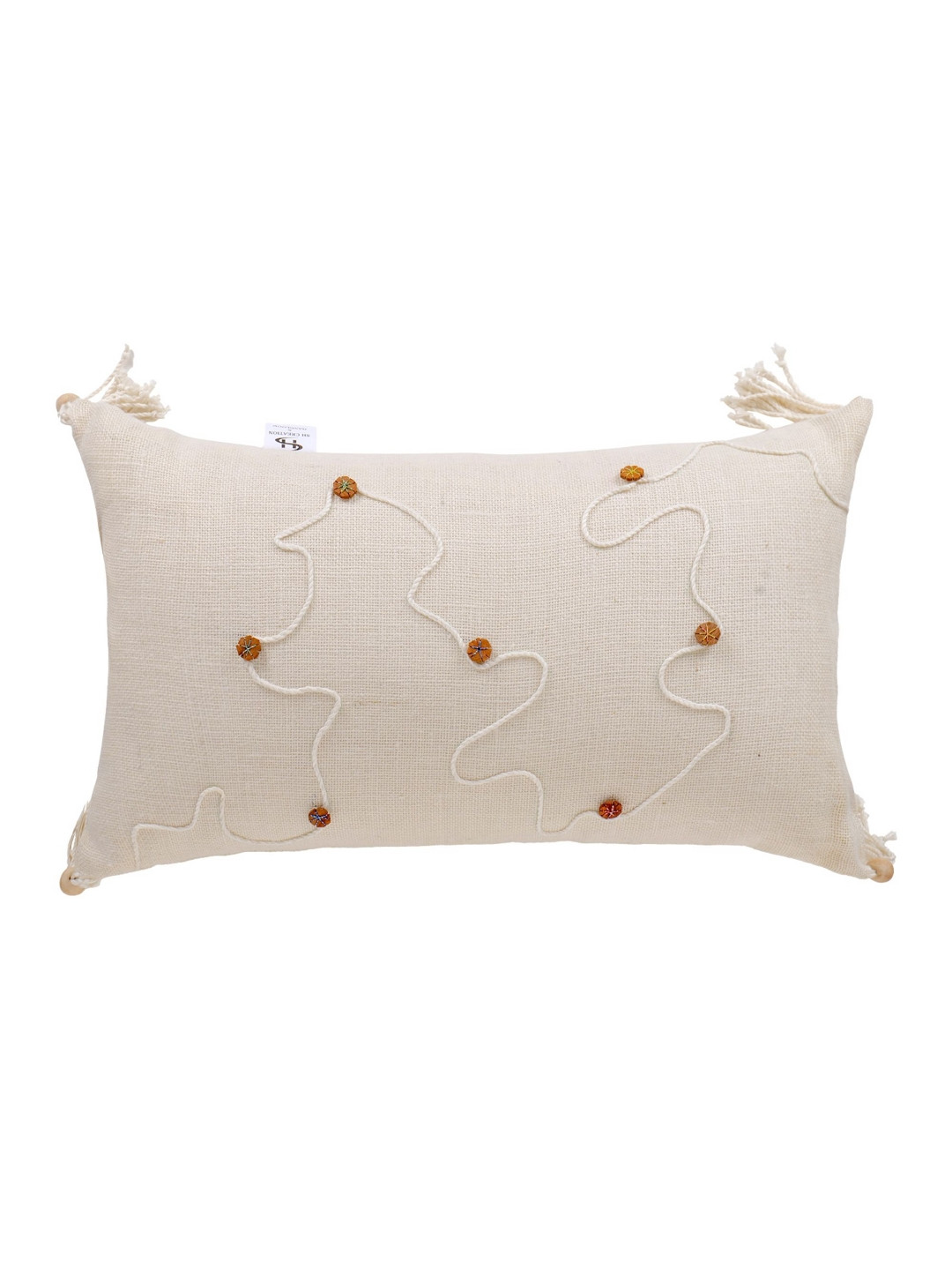 SH Creation and Handlooms White & Brown Embroidered Rectangular Decorative Cushion