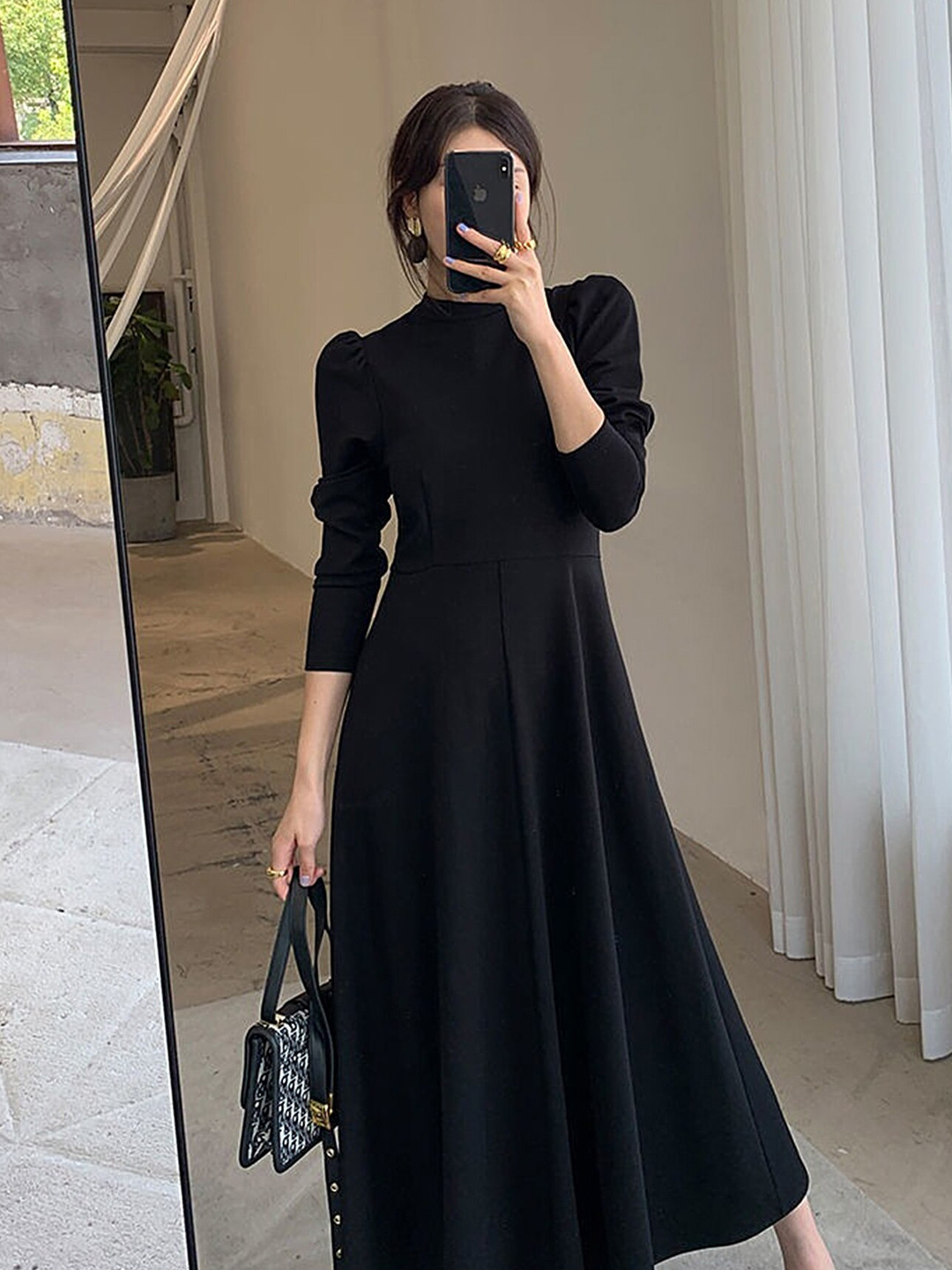 LULU & SKY High Neck Puff Sleeve A-Line Midi Dress