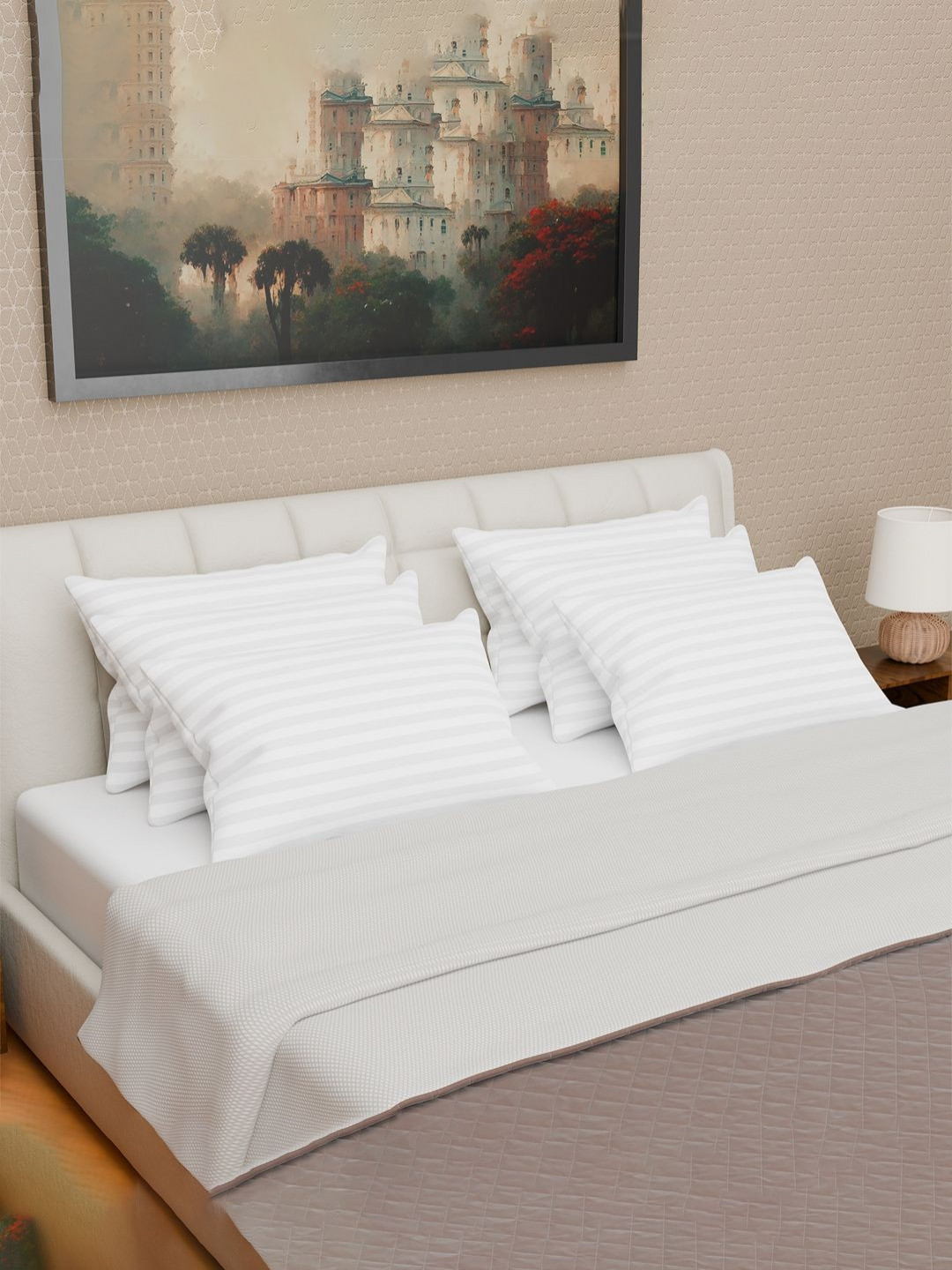 Myntra Elegant Homes Premium White Striped Polyester Set of 6 Medium Cotton Sleep Pillow-15 x 40 x 60 cm