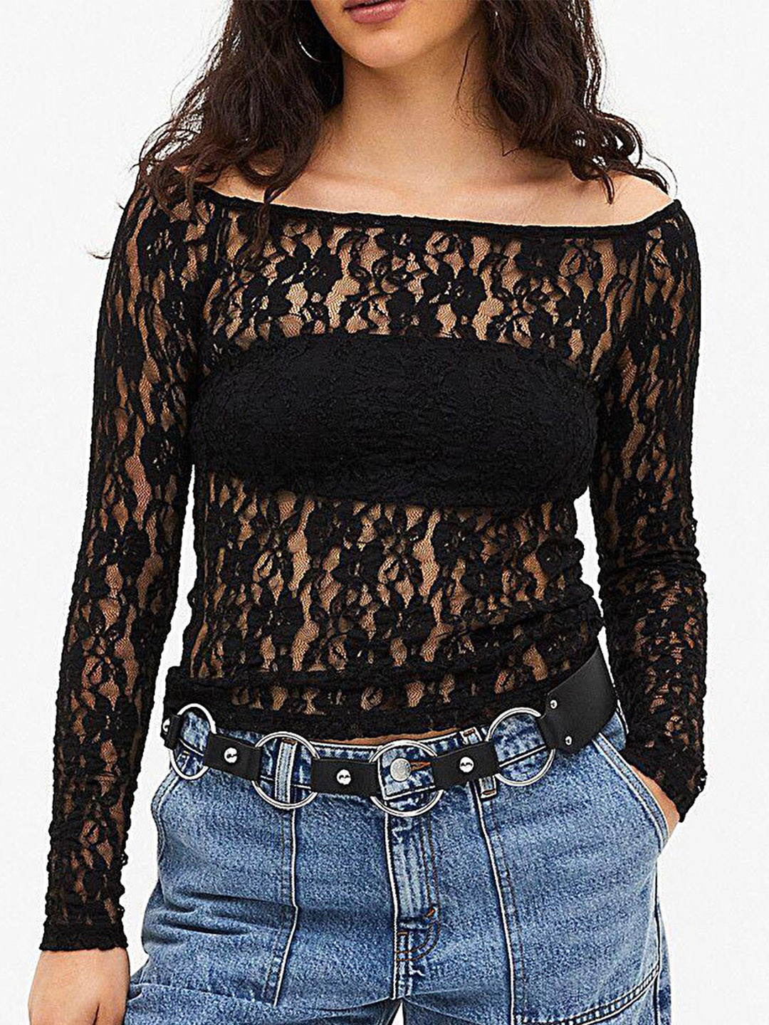 LULU & SKY Black Floral Off Shoulder Lace Sheer Top