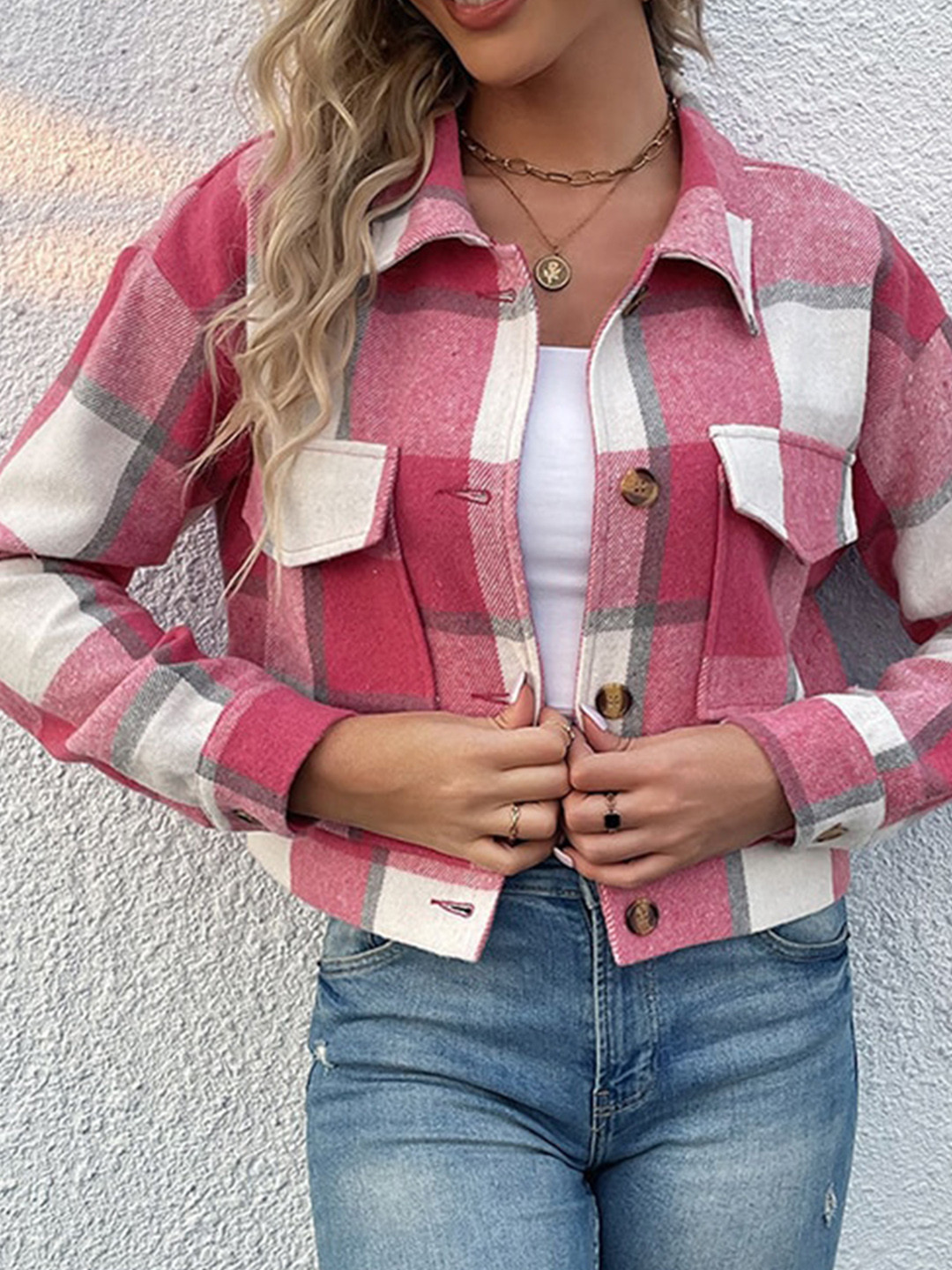StyleCast Fuchsia Buffalo Checks Spread Collar Long Sleeve Pocket Shacket
