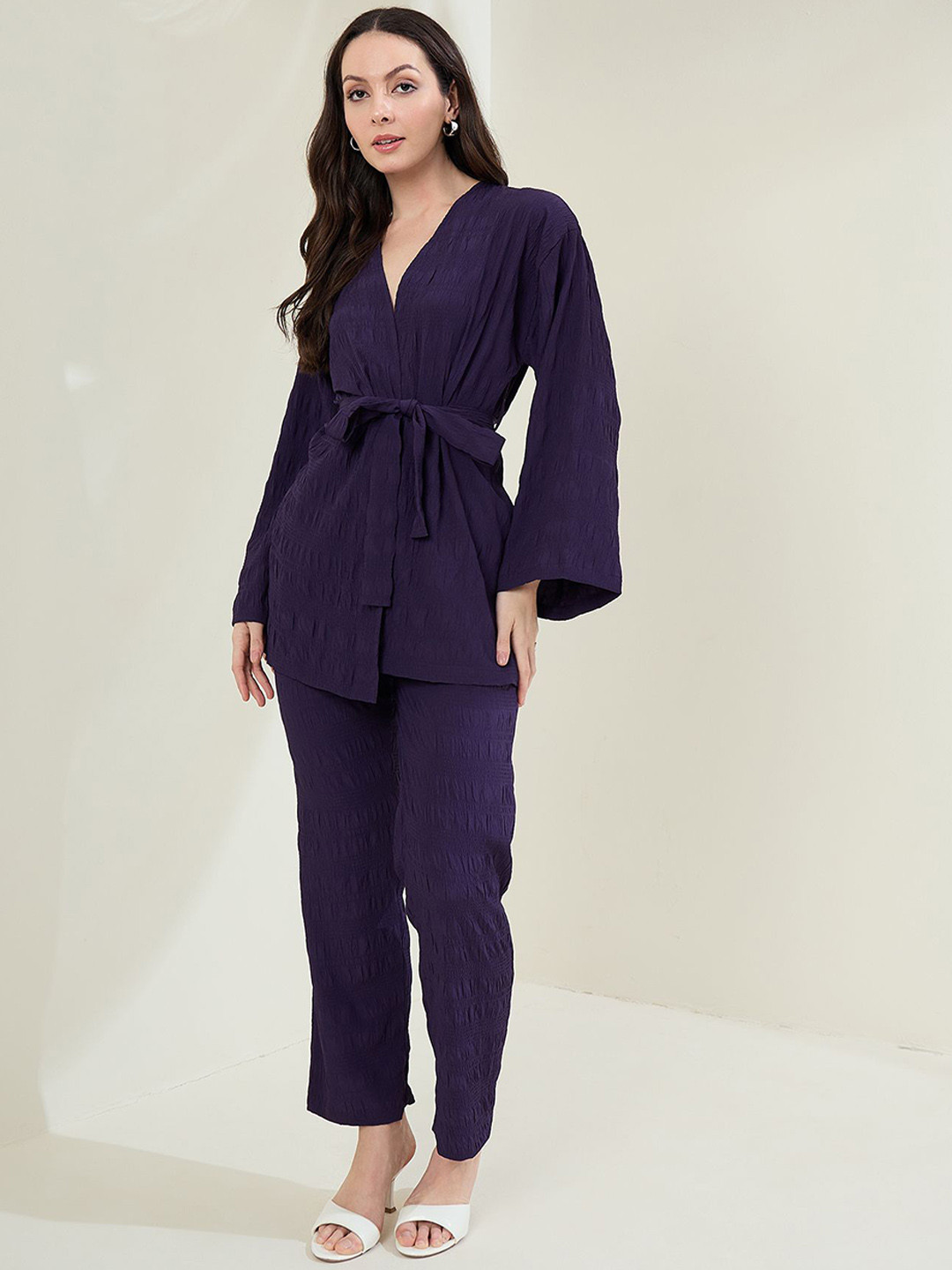 StyleStone Textured  V-Neck Shrug With Trousers Co-Ords