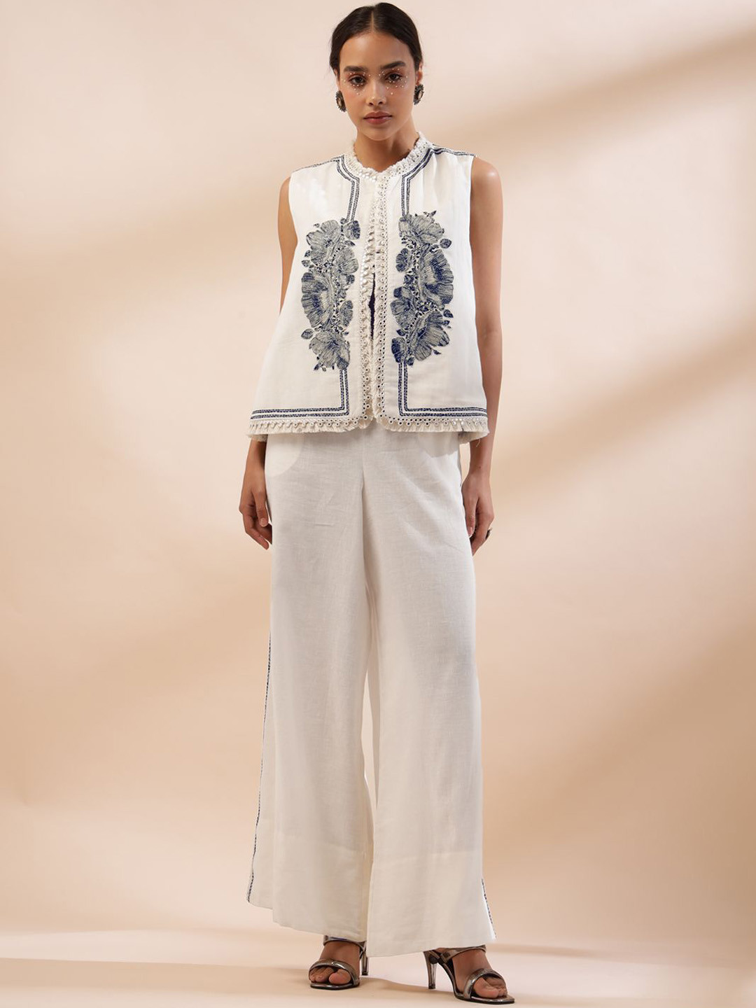 Kyra Printed Mandarin Collar Coat With Palazzos Co-Ords