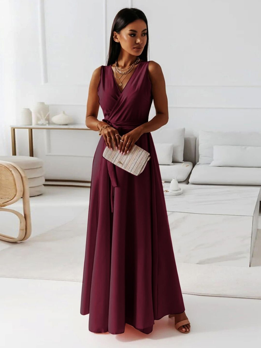 StyleCast Burgundy Gathered or Pleated Sleeveless Maxi Dress