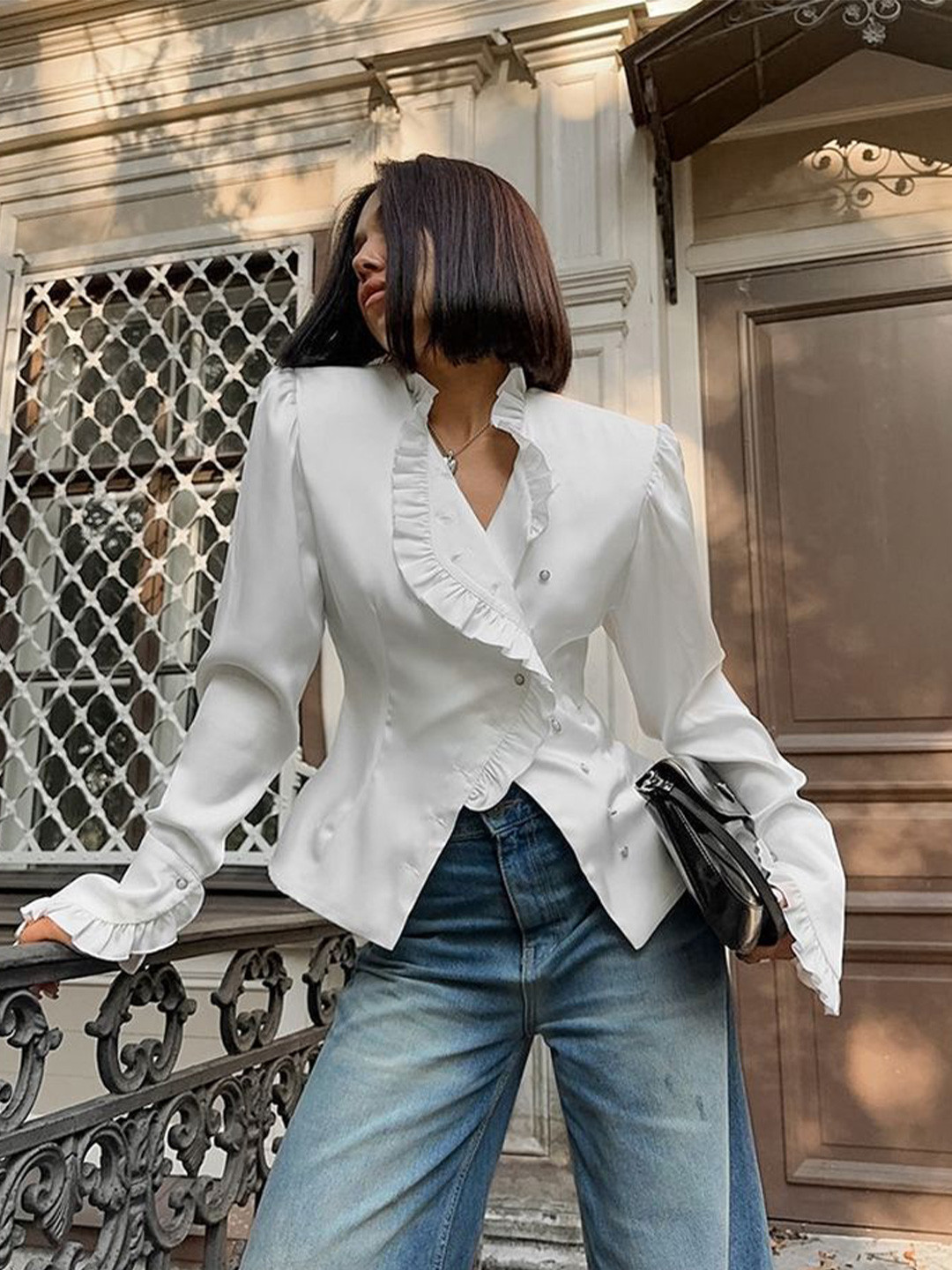 LULU & SKY Mandarin Collar Bell Sleeve Styled Back Top
