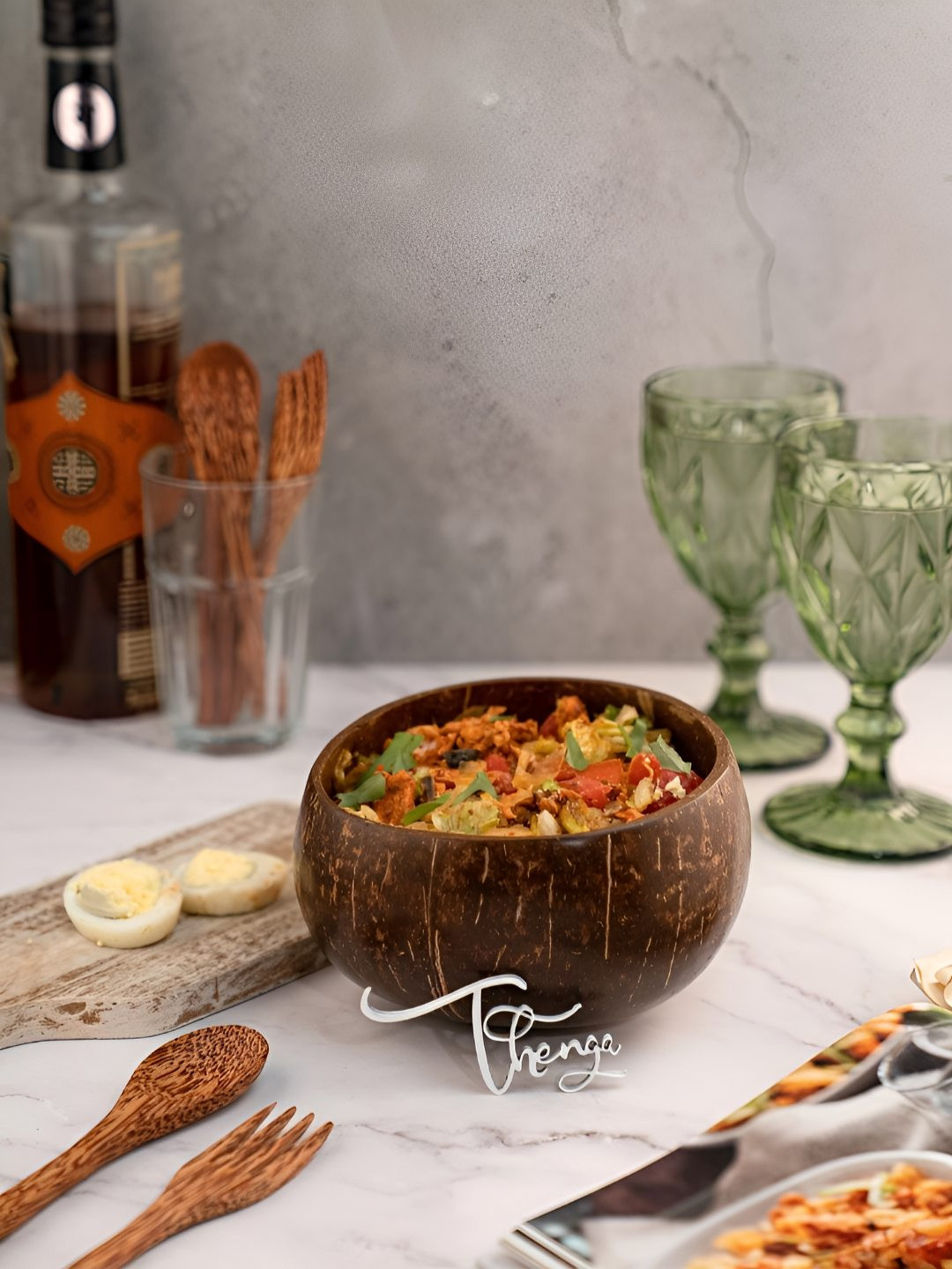 Thenga Brown Textured Coconut Wood Serving Matte Bowl- 900 ml