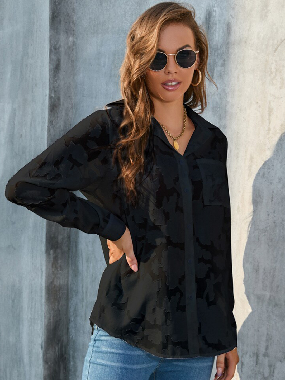 StyleCast Black Floral Self Design Cuffed Sleeves Chiffon Shirt Style Top