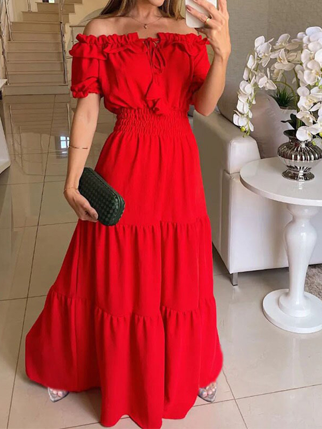StyleCast Red Off-Shoulder Puff Sleeve Smocked Tiered Maxi Dress