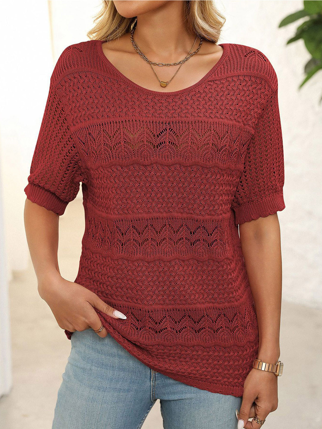 StyleCast x Revolte Casual Red Solid Round Neck Top