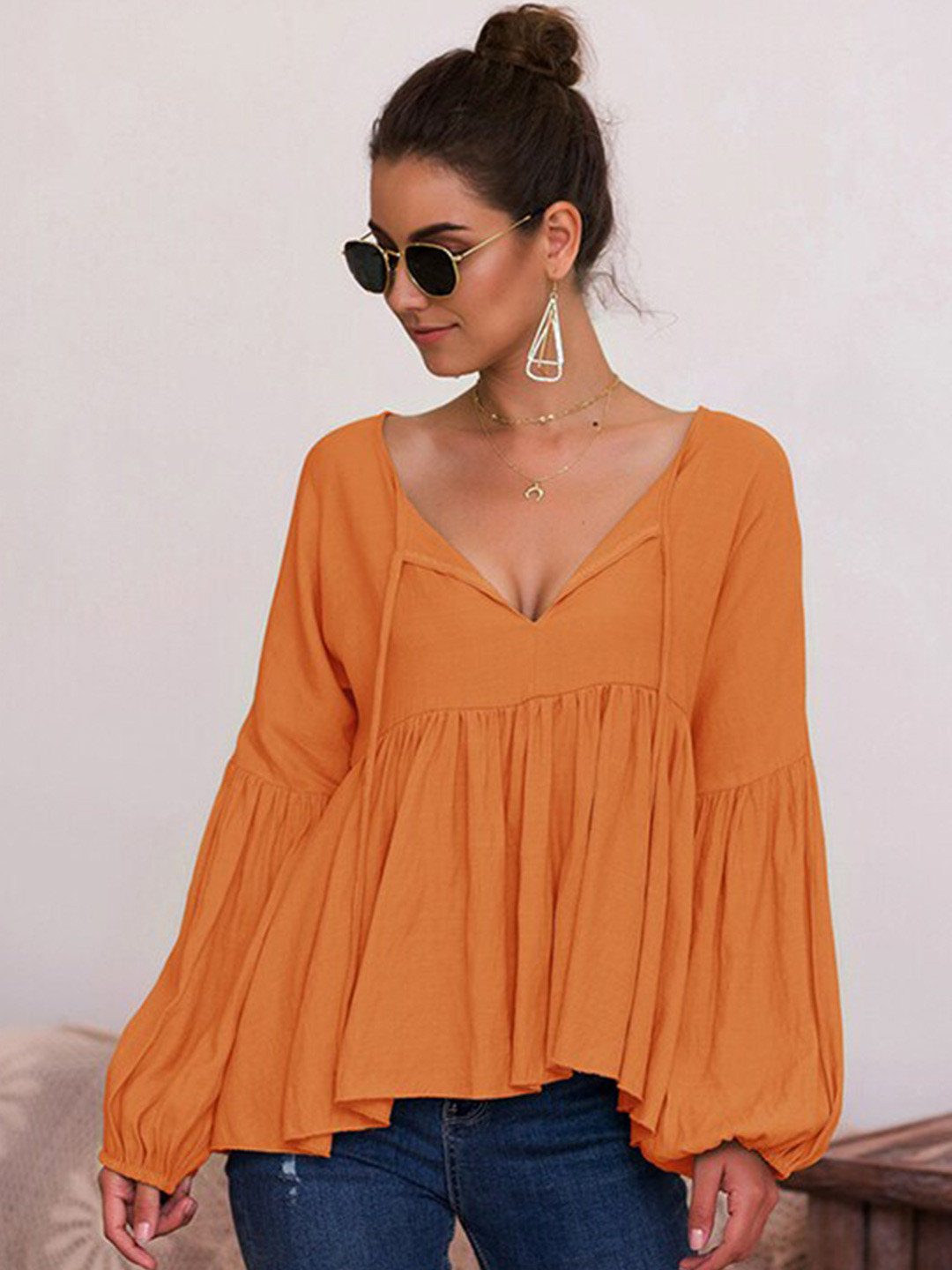 StyleCast Orange Puff Sleeve Peplum Top