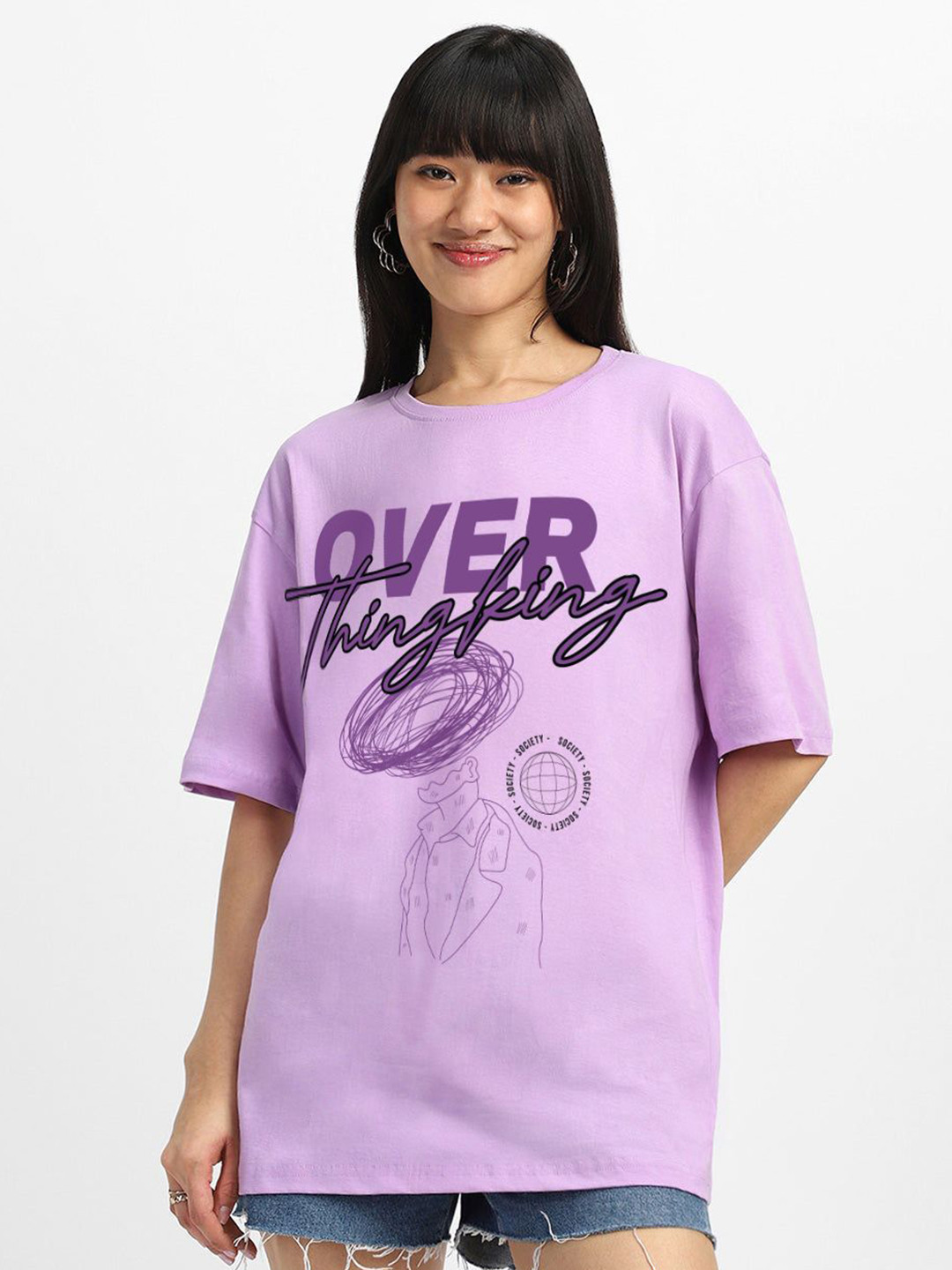 JUNEBERRY Women Lilac Printed Round Neck Relaxed Fit Pure Cotton Oversized T-shirt