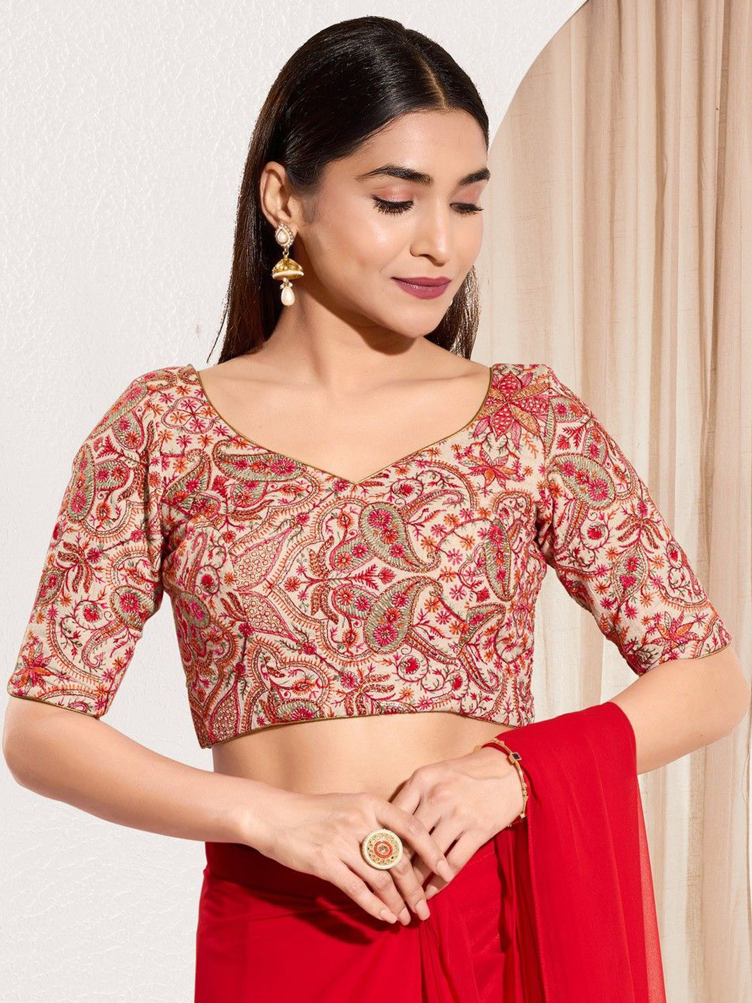 VAMAS - THE DESIGNER BLOUSES Embroidered Cotton Sweetheart Neck Padded Saree Blouse
