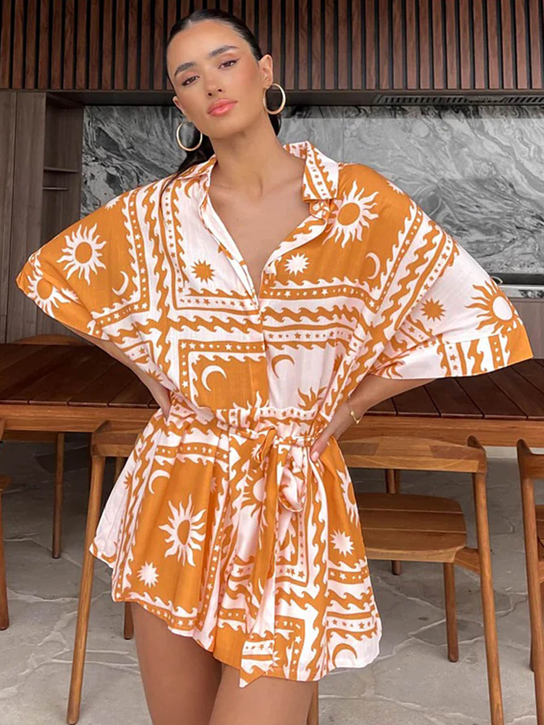 LULU & SKY Printed Boxy-Fit Tie-Up Waist Playsuit
