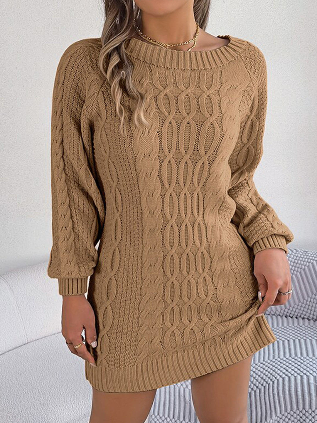 StyleCast Khaki Self Design Boat Neck Acrylic T-shirt Mini Dress