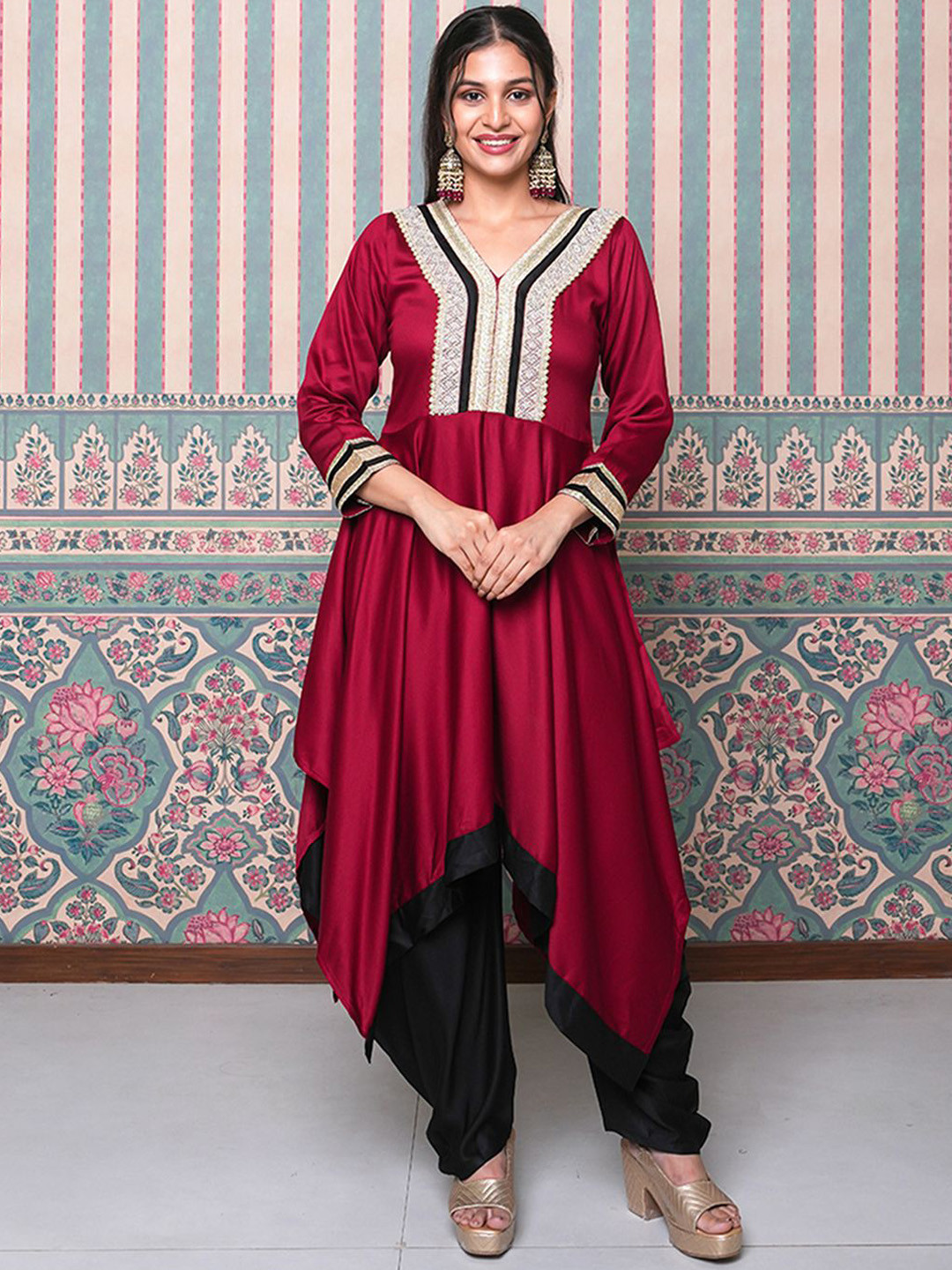 Label Ishnya Women Maroon High low Fusion Two Piece Set