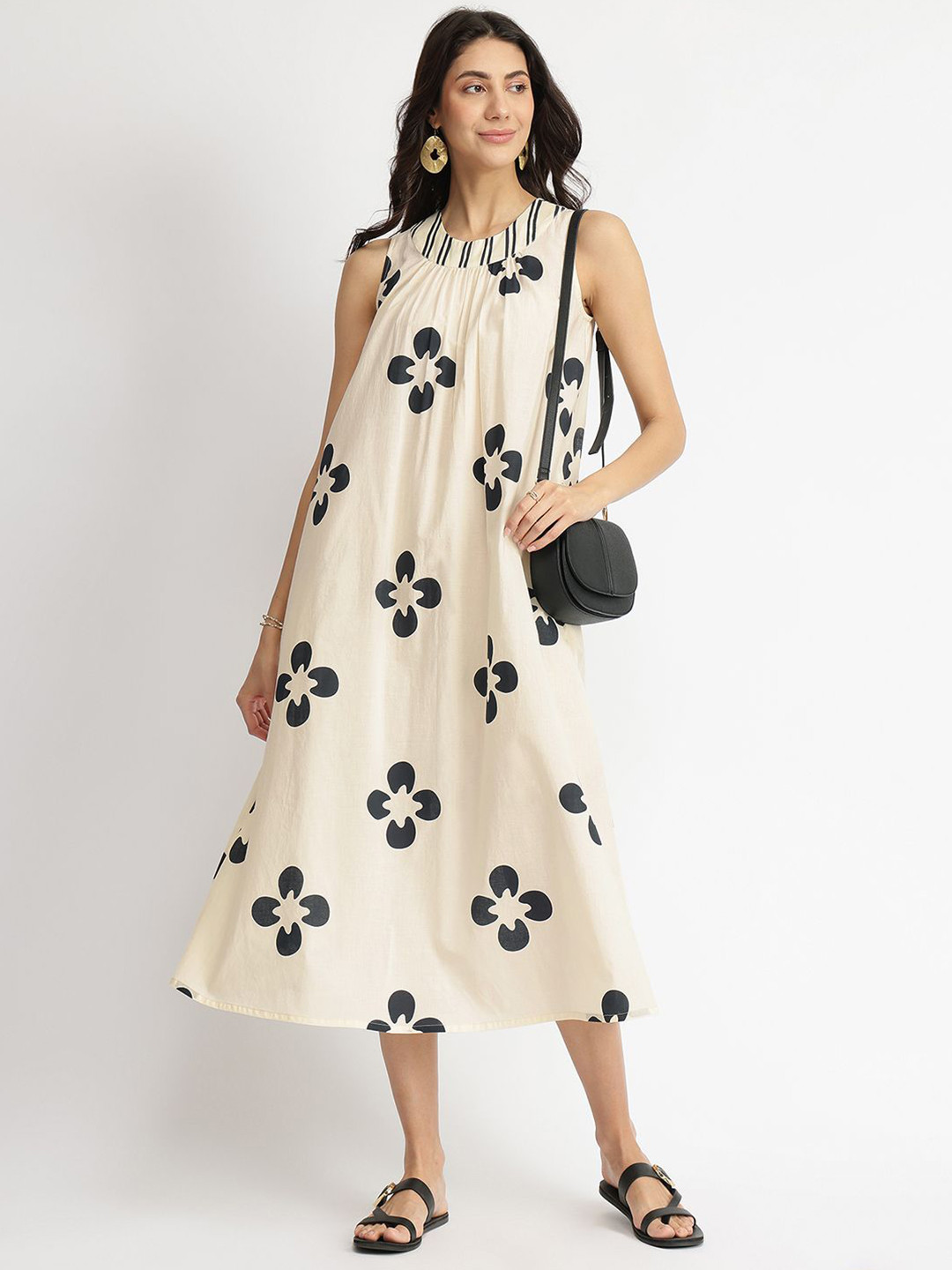 Pink Fort Women White & Black Cotton Floral A-Line Dress