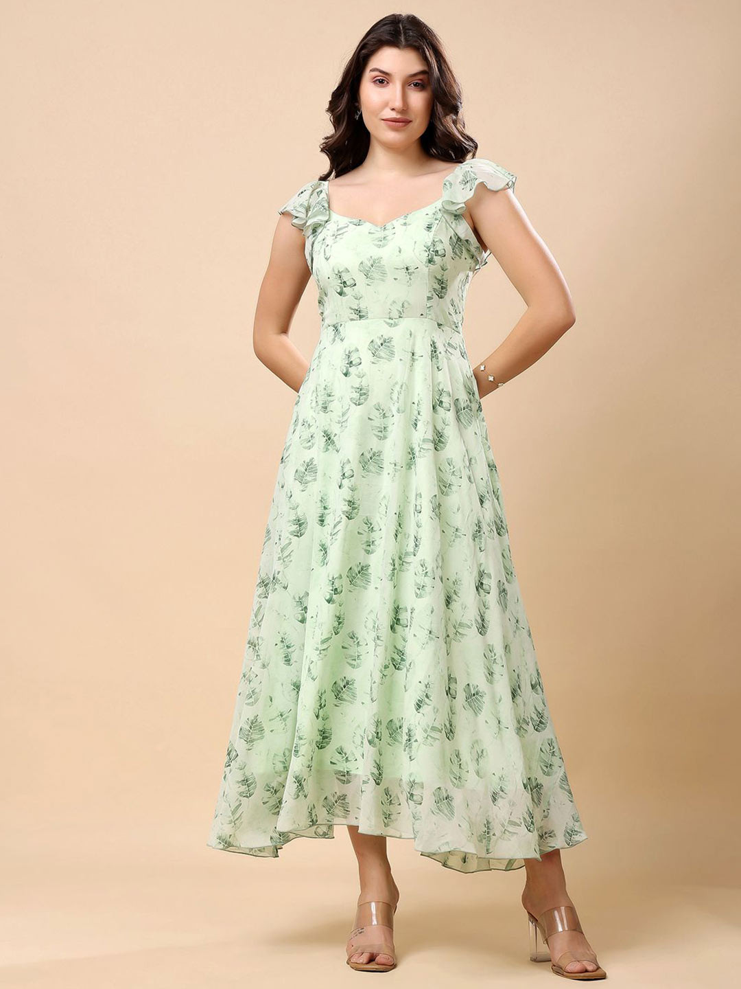 T TRYON ULTIMATE Tropical Print Georgette Sweetheart Neck Fit & Flare Maxi Dress