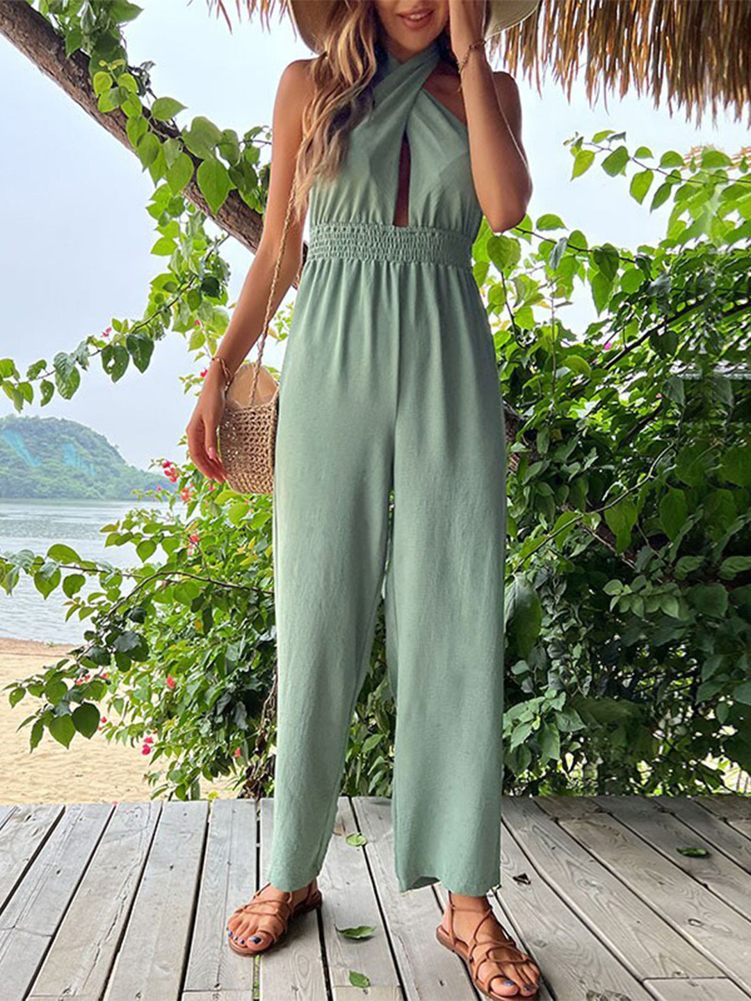StyleCast Green Halter Neck Basic Jumpsuit