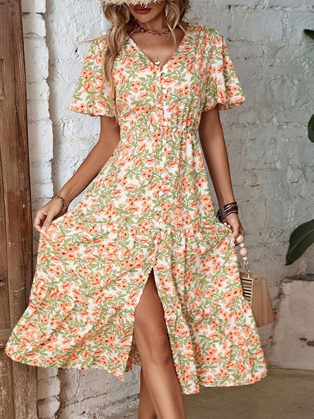StyleCast x Revolte Yellow Floral Print Flared Sleeve Fit & Flare Dress