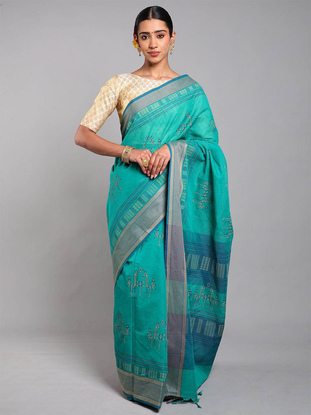 Exotic India Printed Motifs and Mini Check Woven Border Cotton Saree From Telangana