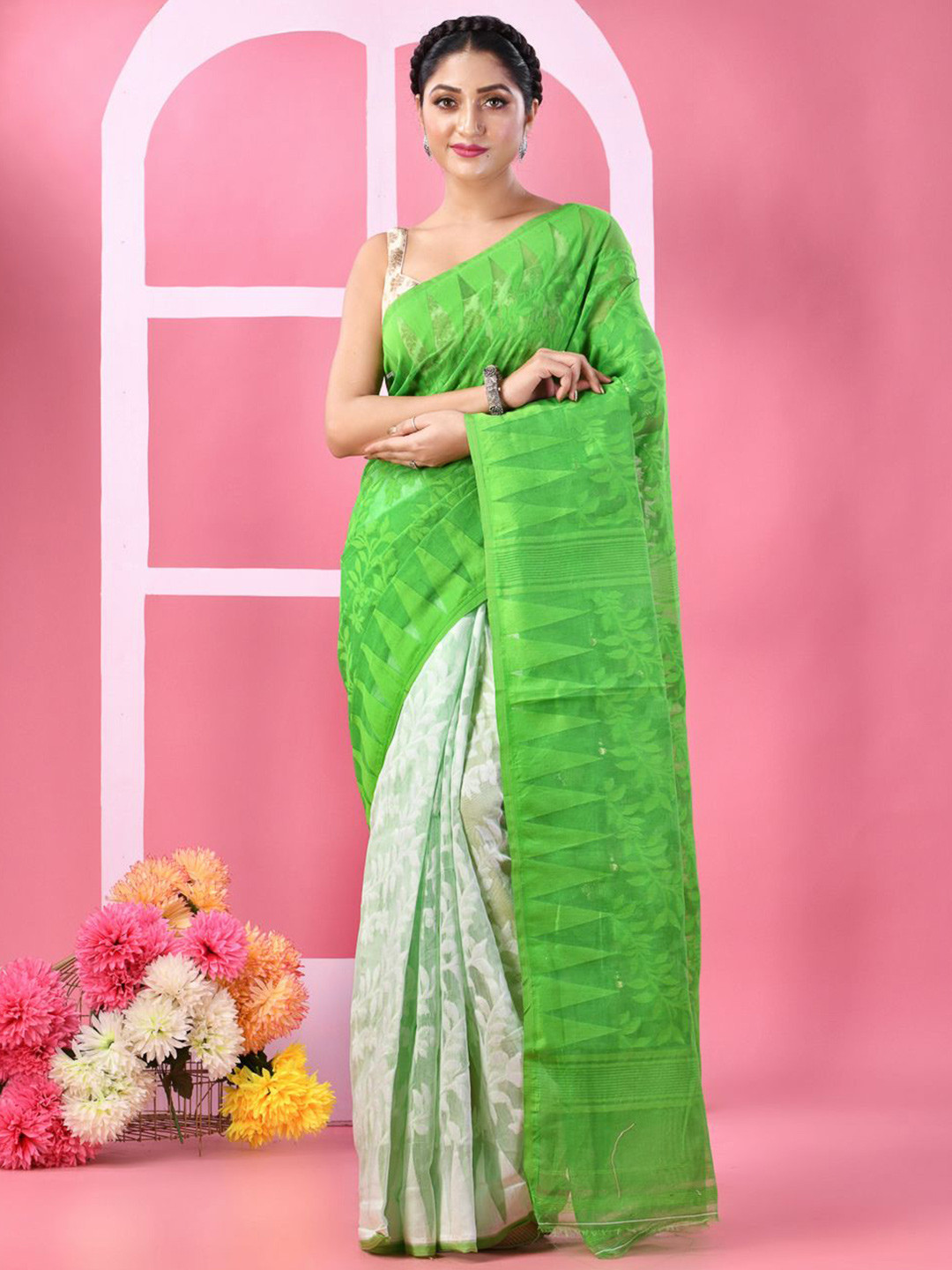 DESH BIDESH Women Woven Design Chikankari Pure Cotton Handloom Jamdani Sarees