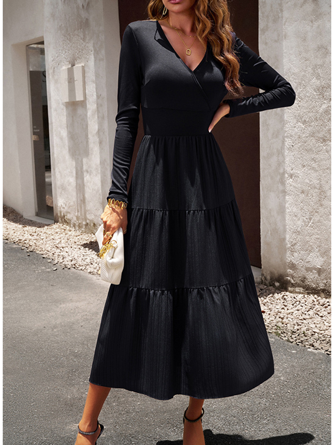 StyleCast Black V-Neck Tiered Midi Fit and Flare Dress