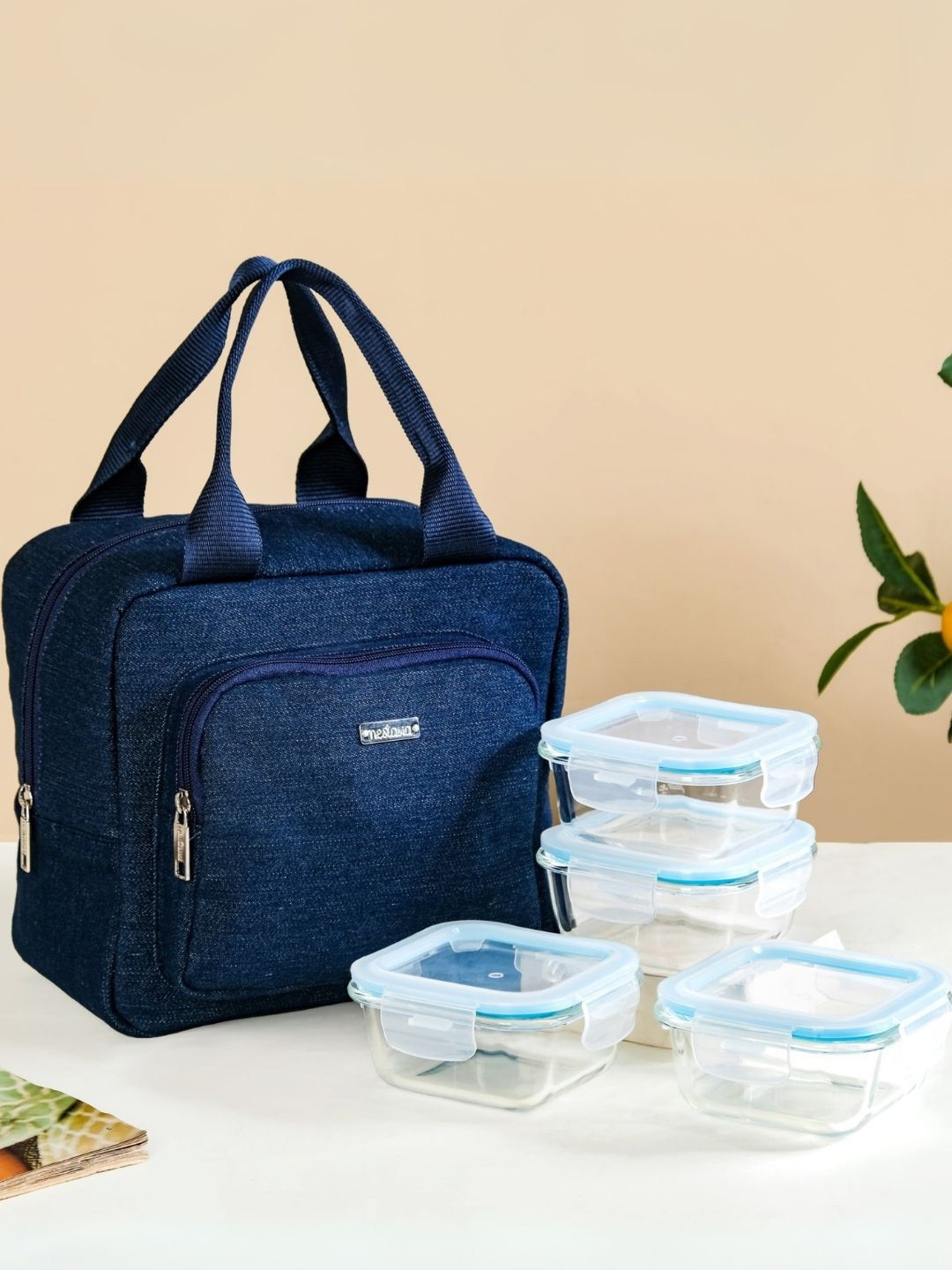 Nestasia Bliss Hamper Transparent & Blue 5 Pieces Glass Lunch Box With Lunch Bag