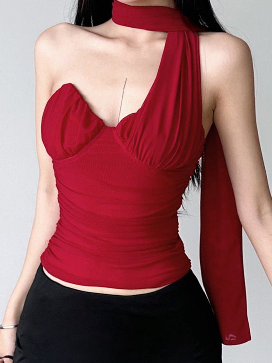 StyleCast Women Scarf Neck One Shoulder Fitted Crop Top