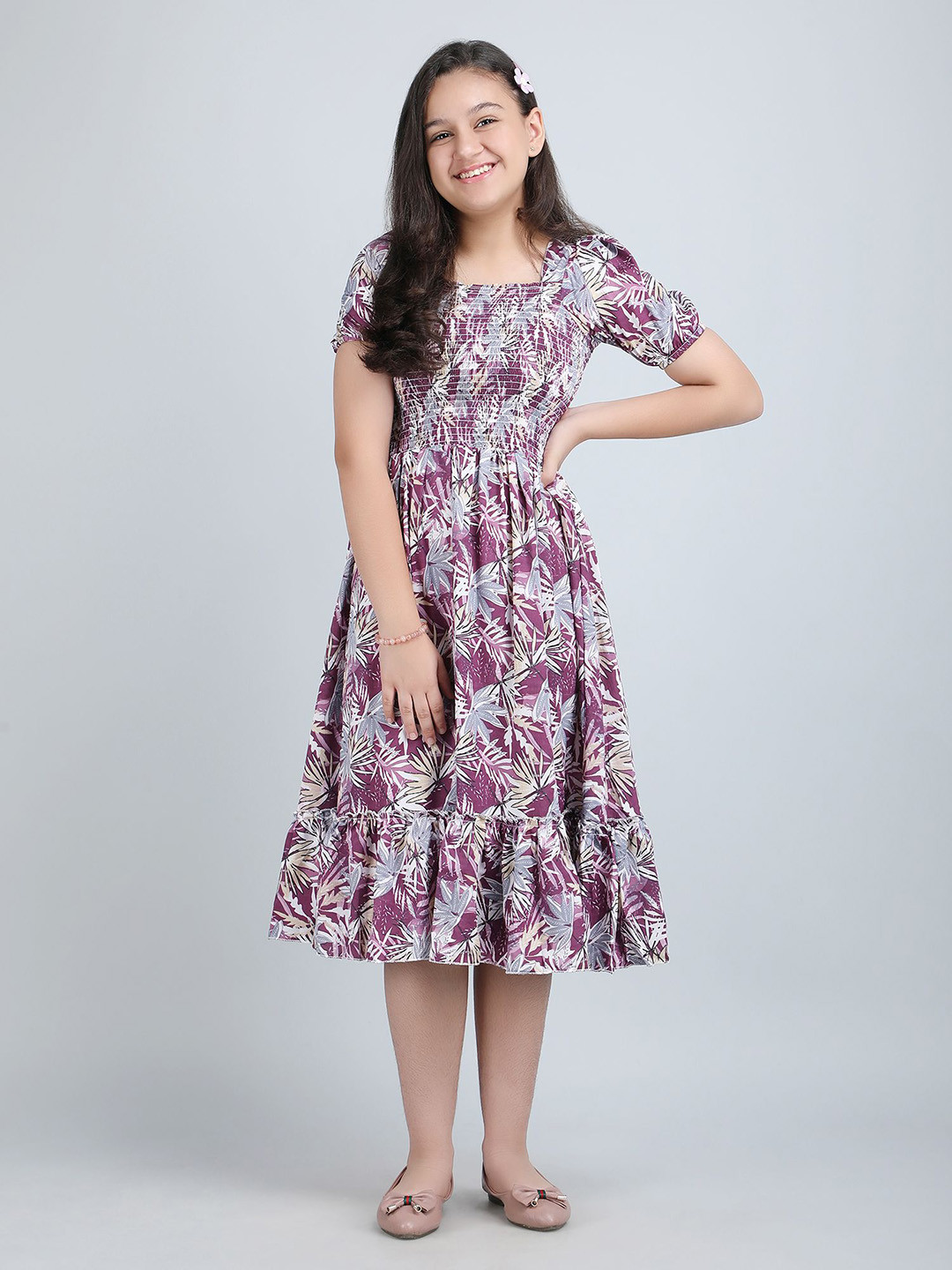 PaheliRani Girls Puff Sleeve Crepe Fit & Flare Dress