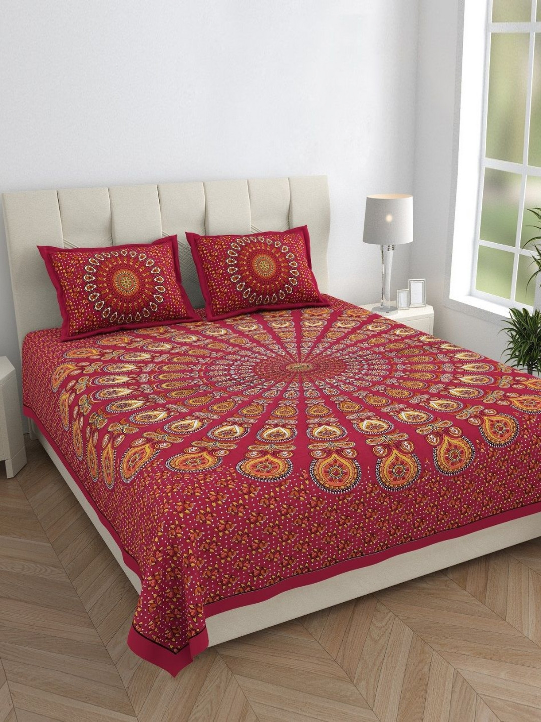 Monik Handicrafts Mandala Maroon Ethnic Motifs Cotton 144 TC King Bedsheet with 2 Pillow Covers-228 x 262 cm