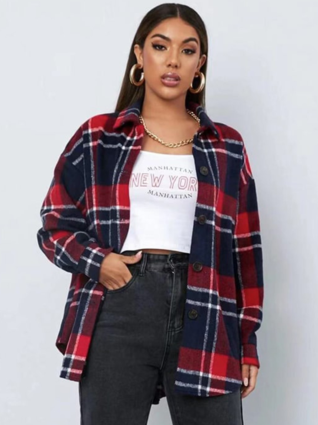StyleCast Red Checked Spread Collar Shacket