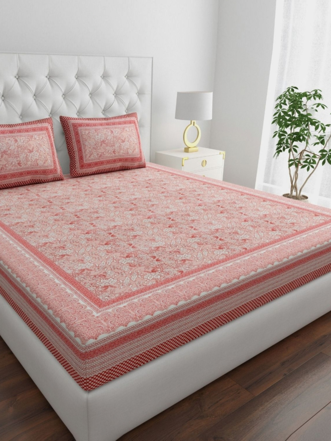 COZYKO Exclusively Pink Ethnic Motifs Pure Cotton 210 TC King Fine Bedsheet with 2 Pillow Covers-108 x 108 inches