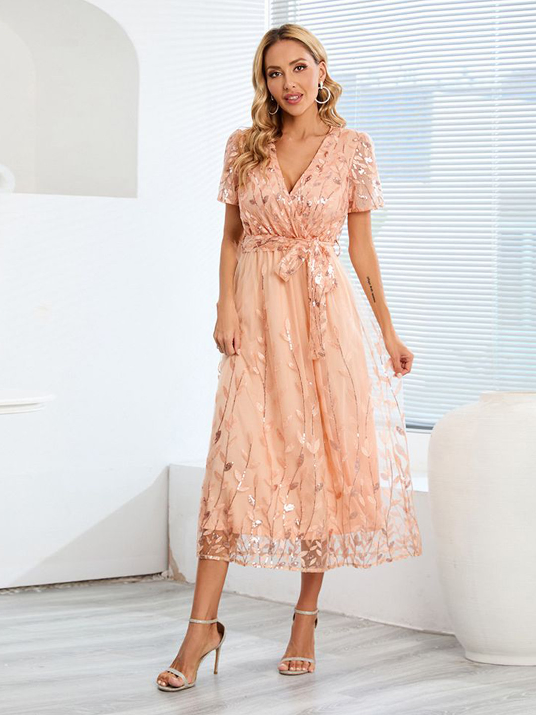 bebe Peach Leaf Sequin Embellished Tulle Wrap V-Neck Fit & Flare Midi Dress