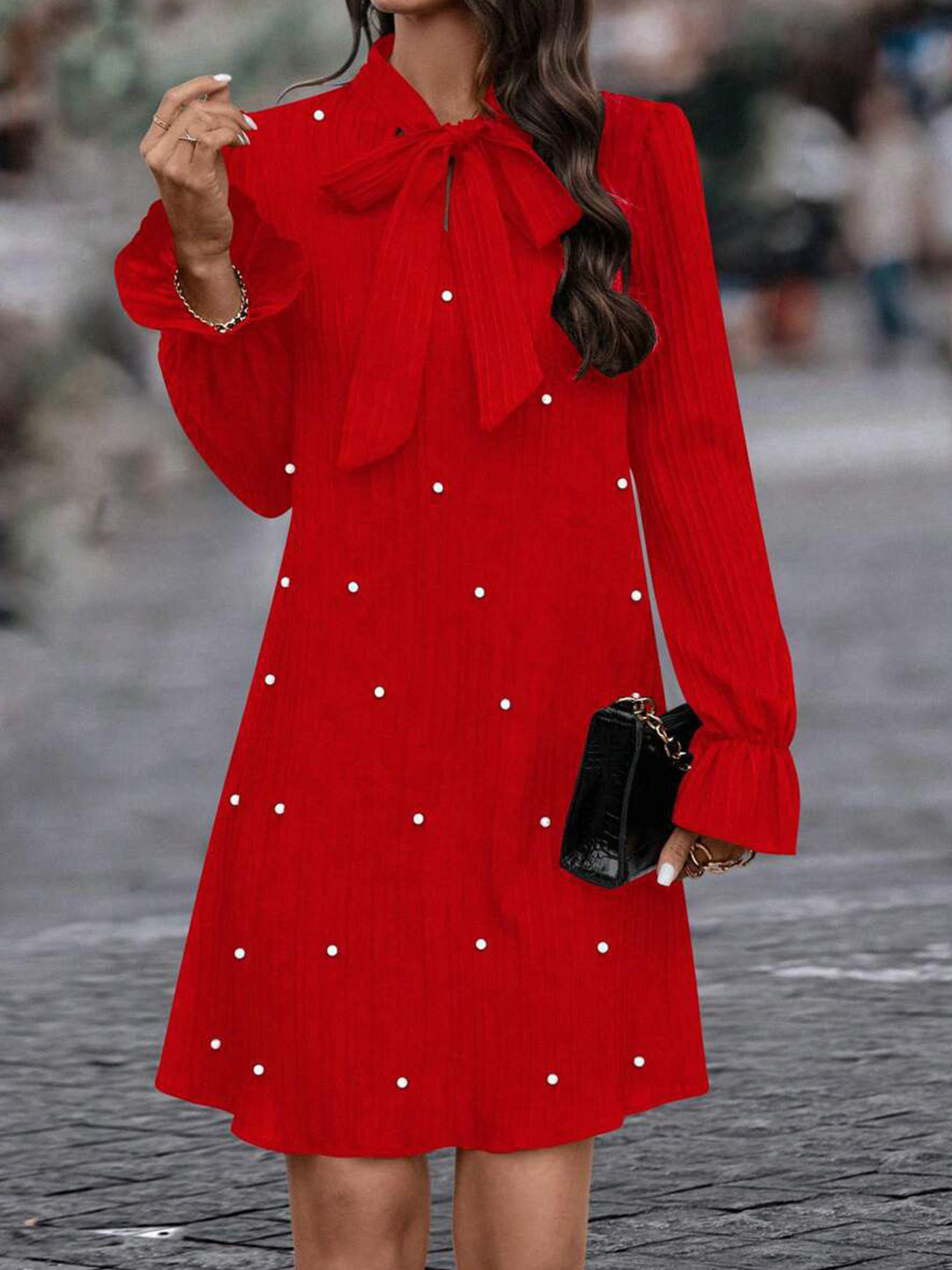 bebe Red Pearl Embellished Tie Up Neck Long Sleeve A-Line Mini Dress