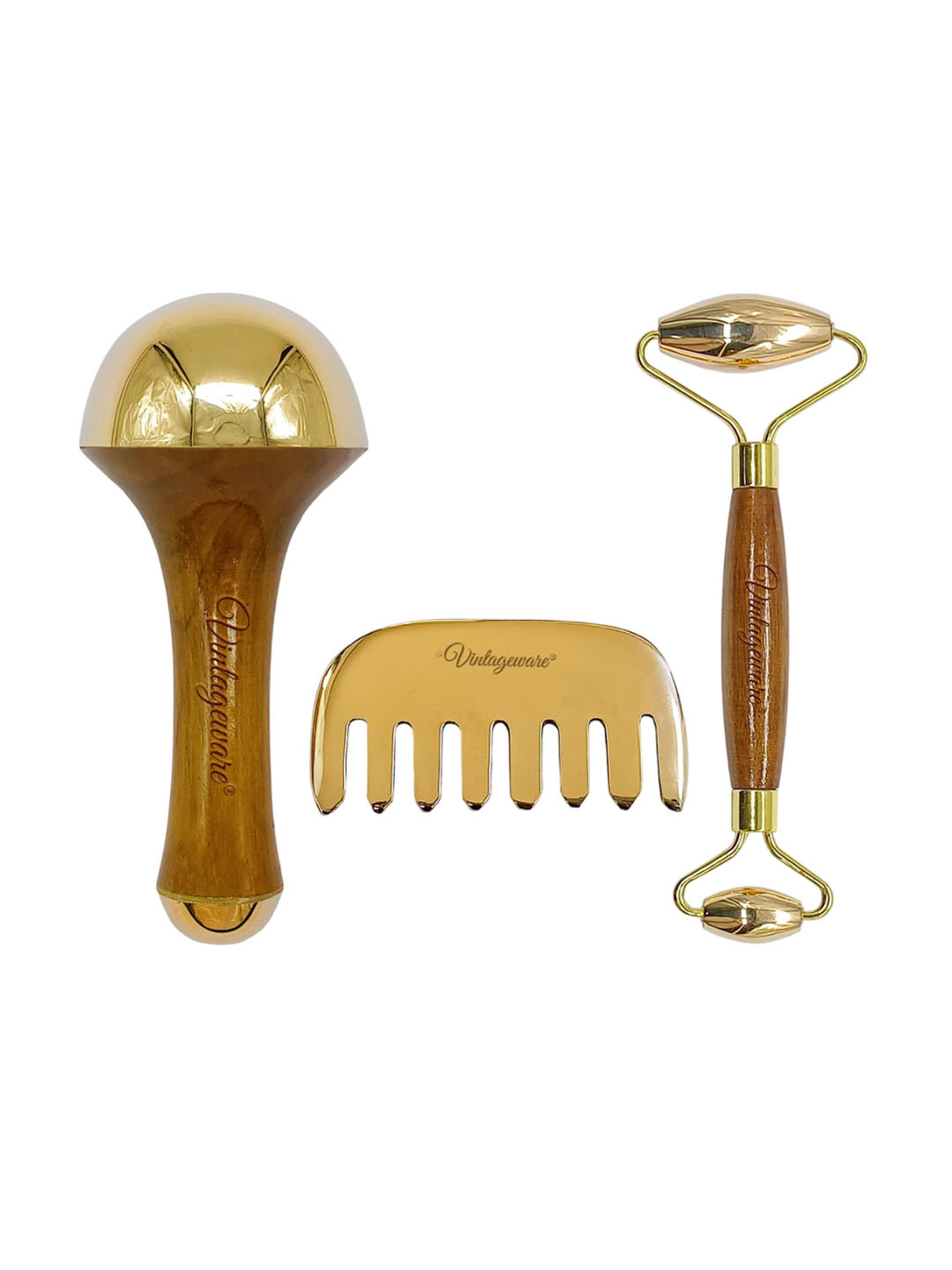 Vintageware Set Of 3 Kansa Wand Comb & Face Roller Beauty Tools