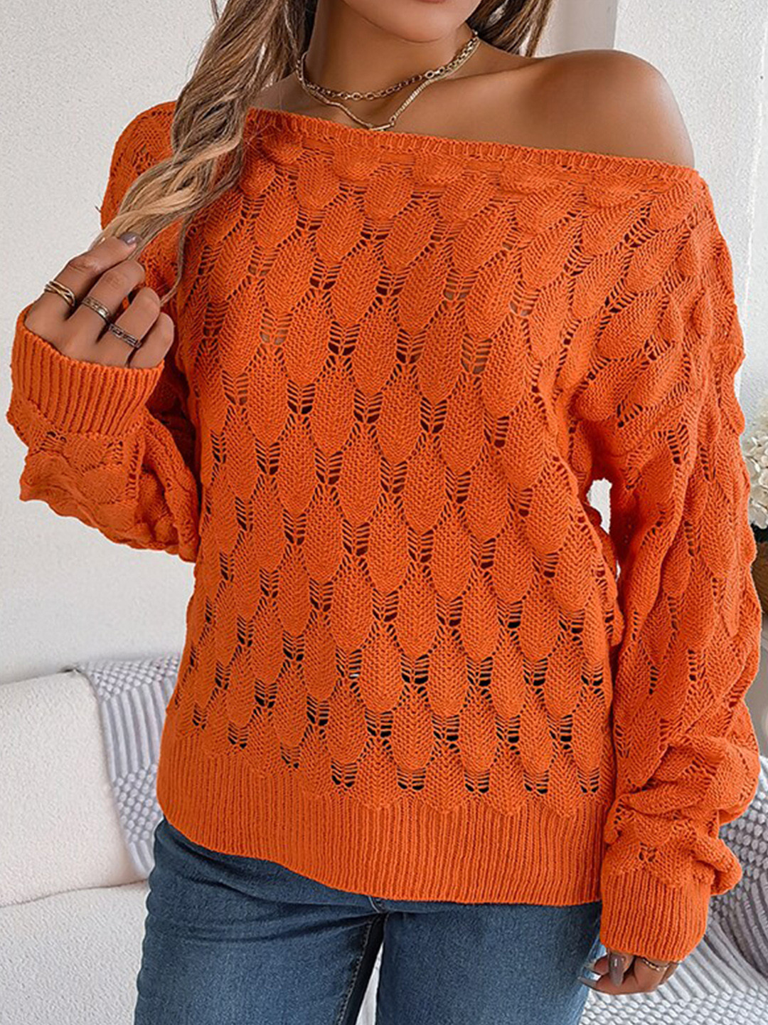 StyleCast Orange Open Knit Self Design Acrylic Pullover Sweater