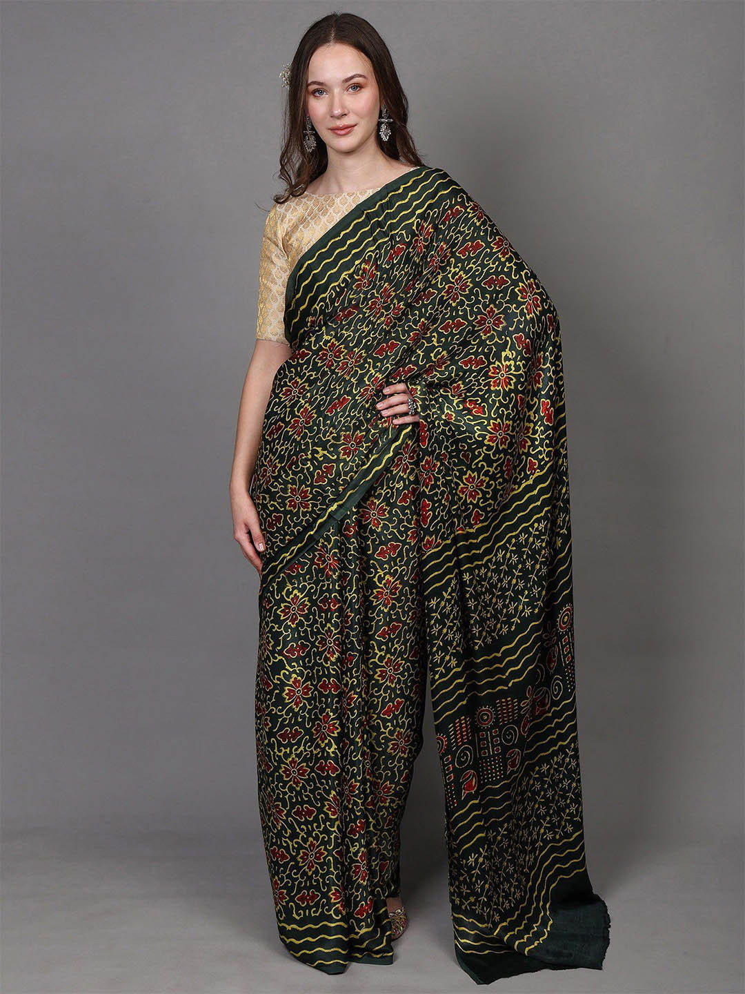 Exotic India Art Silk Block Print Saree