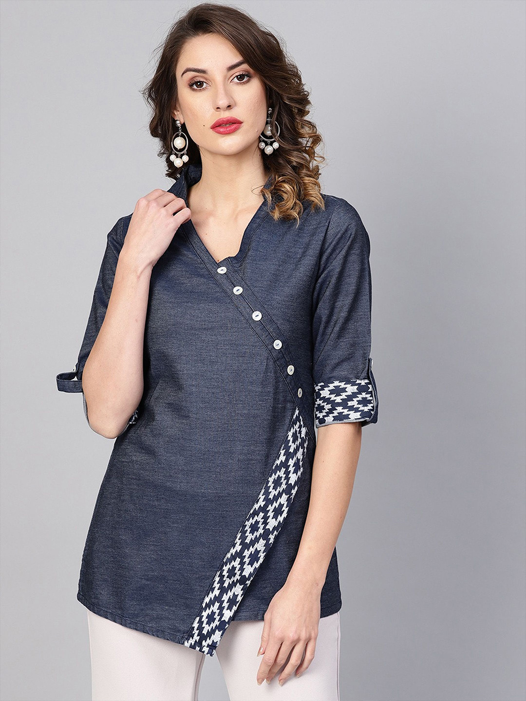 IKRASS Printed Roll-Up Sleeve Denim Indigo Shirt Style Top