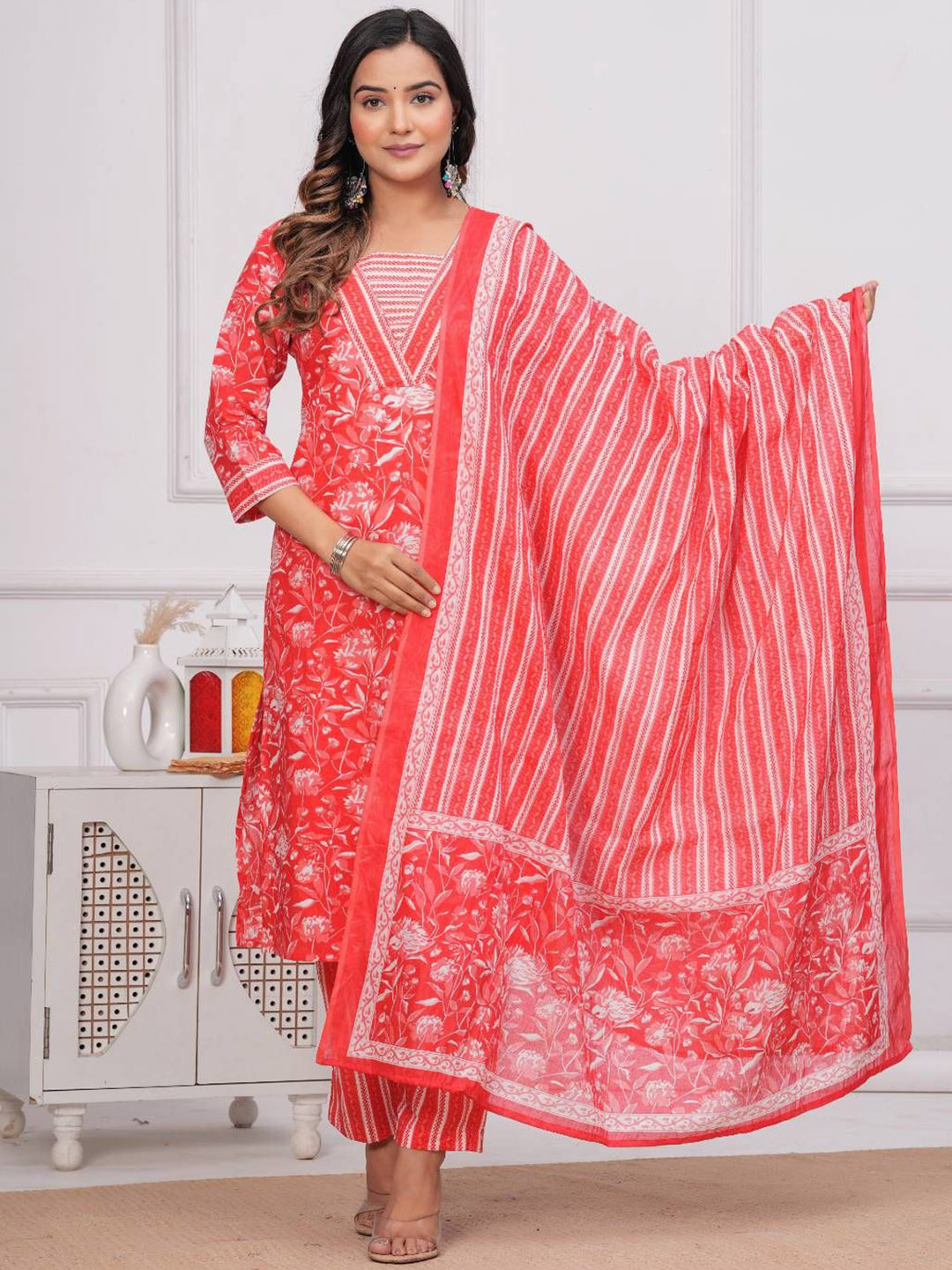 WESTERN COTTON Floral Printed Pure Cotton V-Neck Straight Kurta With Palazzos And Dupatta