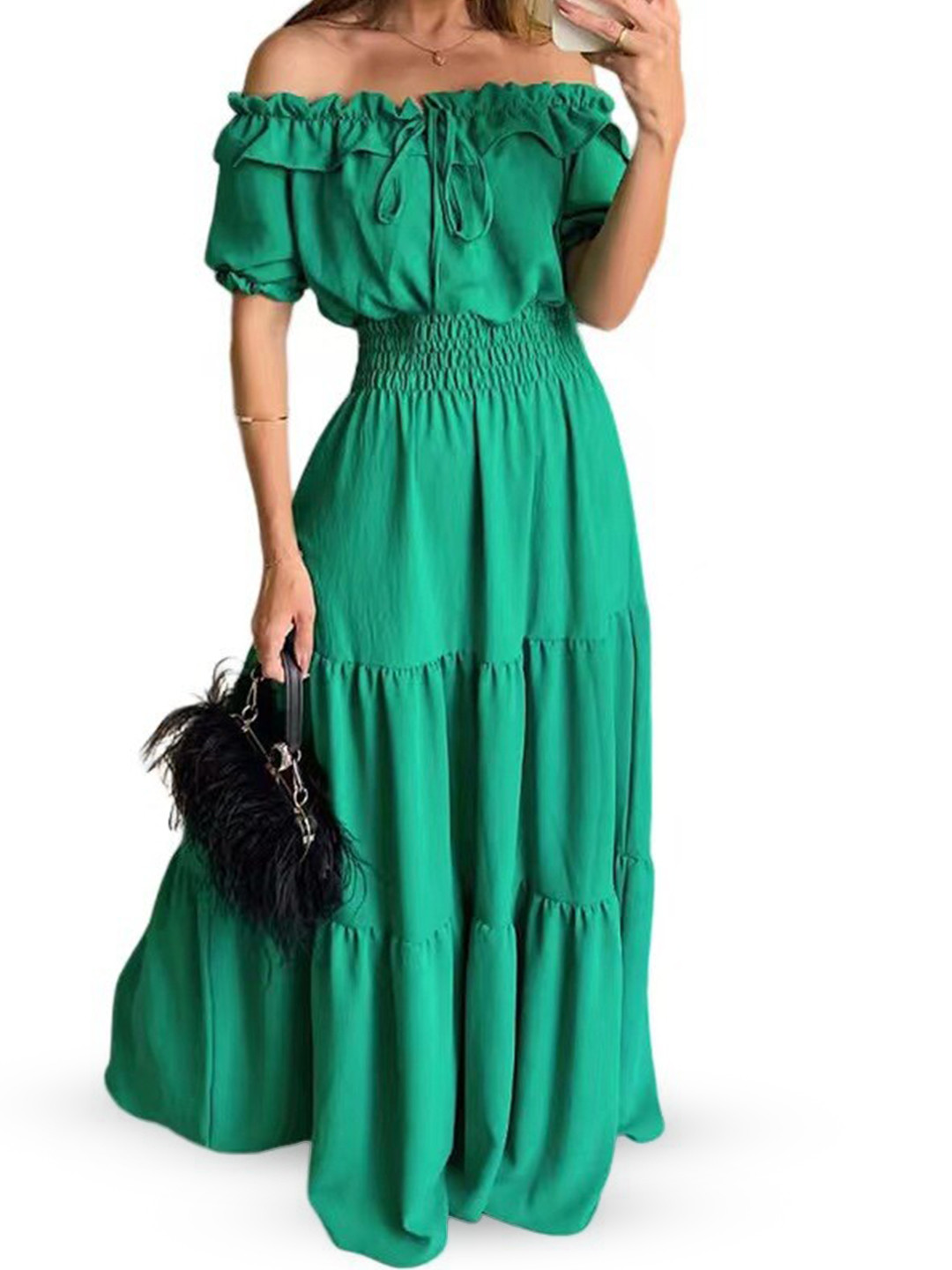 StyleCast Green Off-Shoulder Short Sleeves Maxi Dress