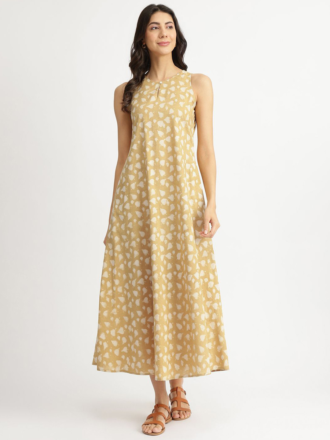 Pink Fort Women Cotton Dabu Floral A-Line Dress Yellow