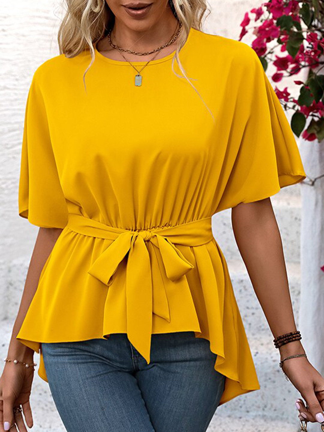 StyleCast Yellow Ruffles Cinched Waist Top