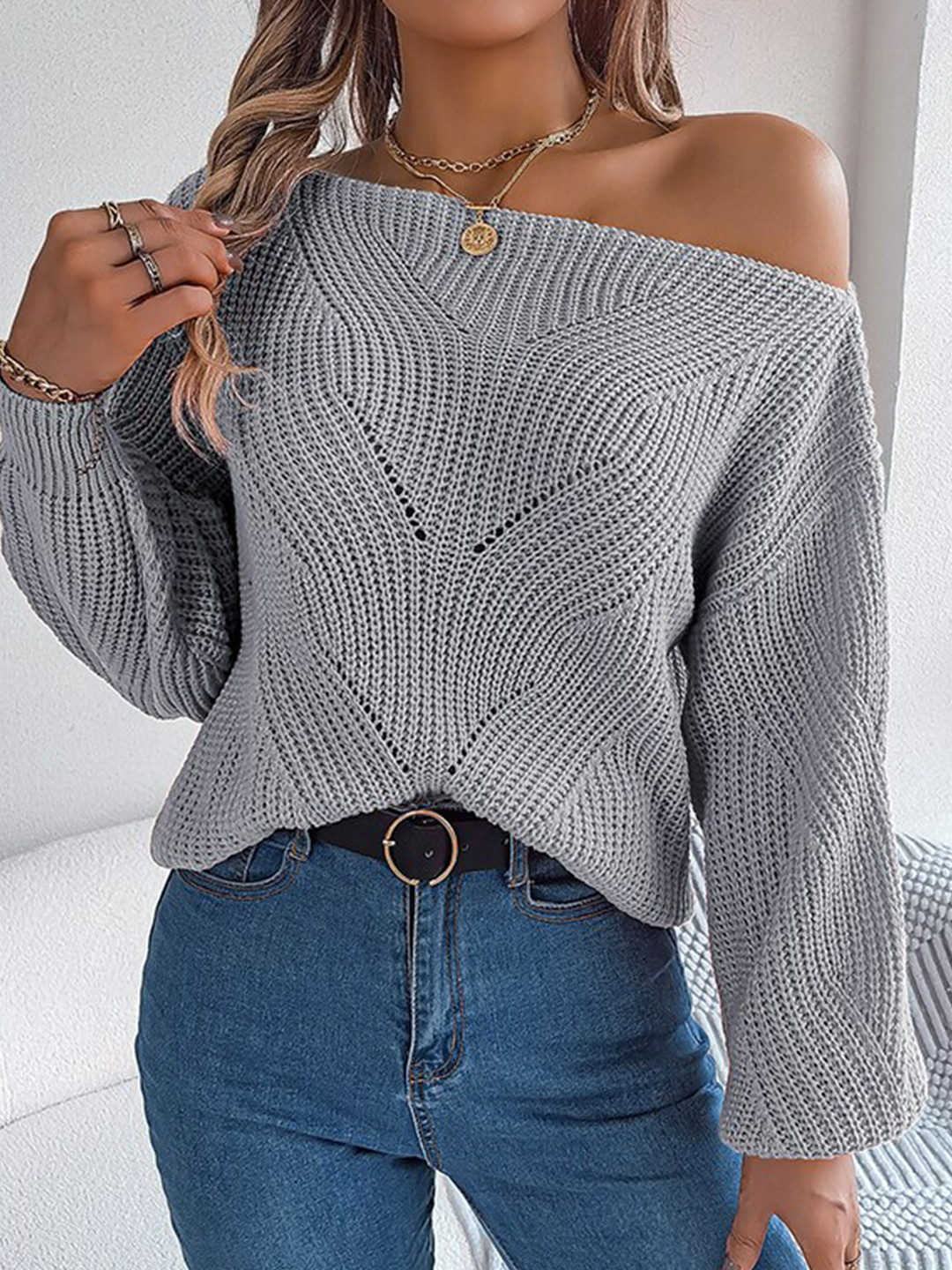 StyleCast Grey Open Knit Off-Shoulder Acrylic Pullover
