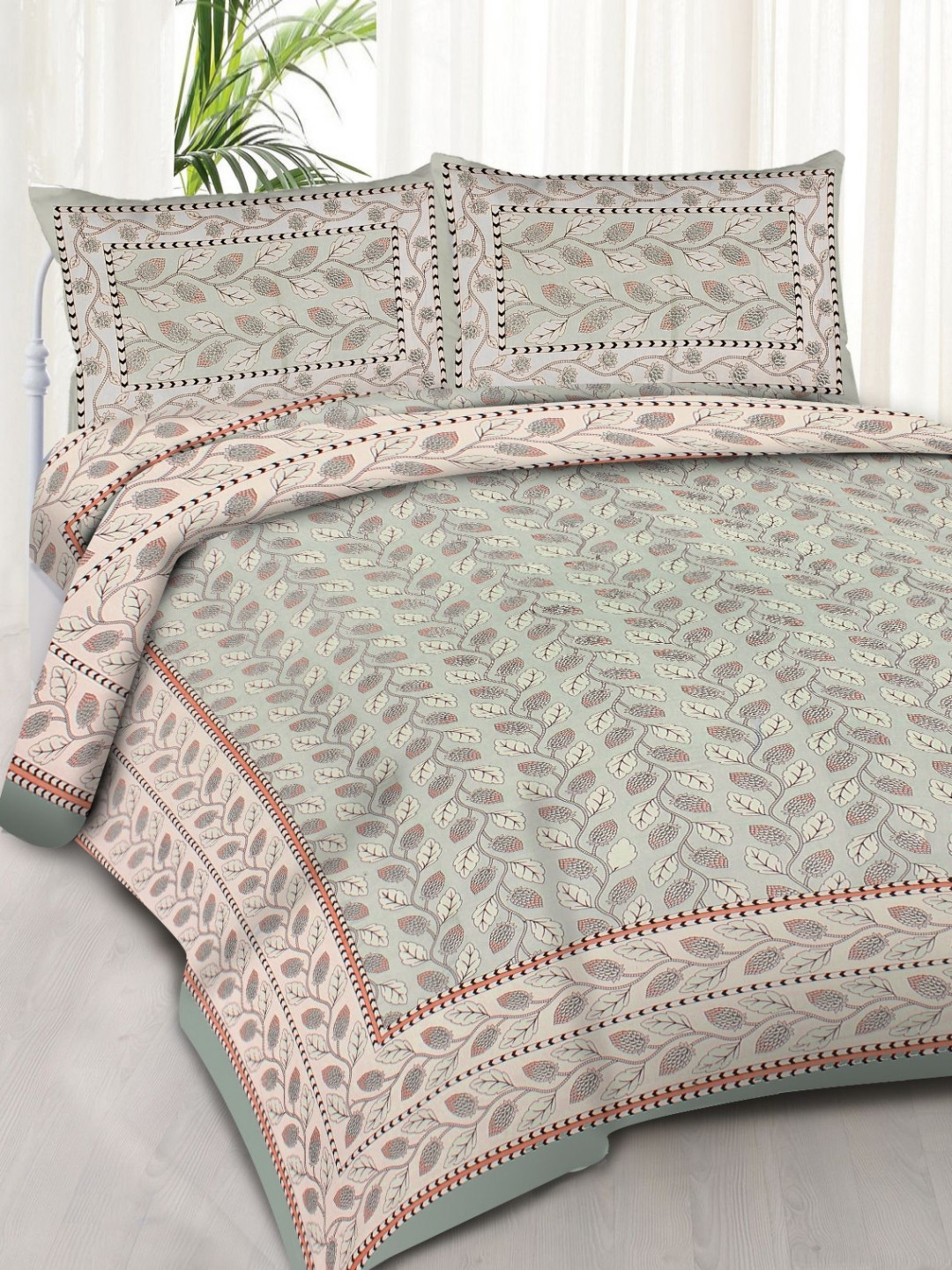 Rudra Bazaar Sea Green Leaf Cotton Breathable 210 TC King Fine Bedsheet with 2 Pillow Covers-108 x 91 inches
