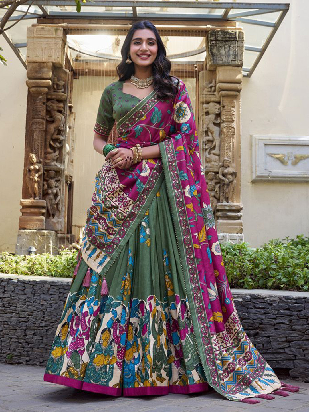LOOKNBOOK ART Printed Tusser Silk Ready to Wear Lehenga & Unstitched Choli With Dupatta