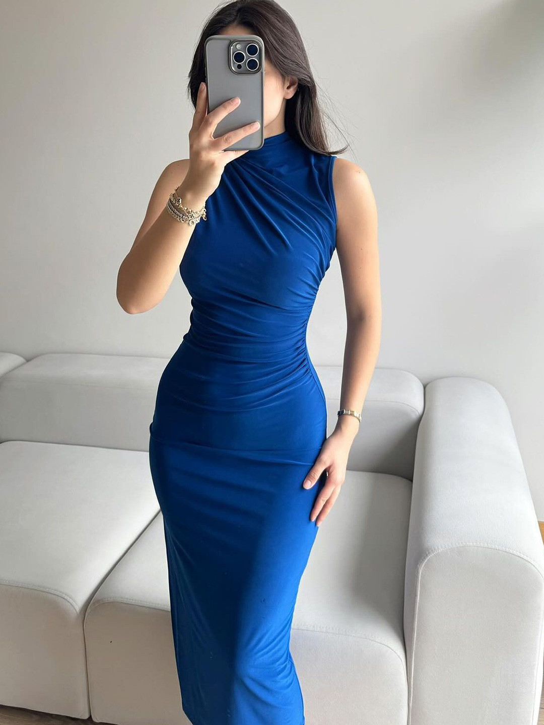 StyleCast x Revolte Women Mock Neck Sleeveless Ruched Bodycon Midi Dress With Slit